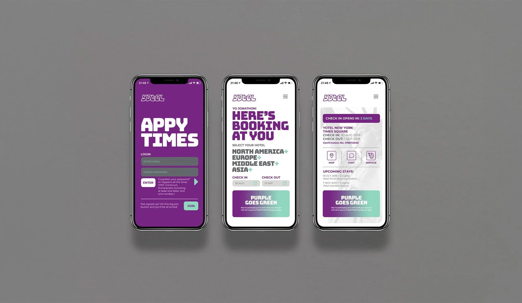 Mobile phone app created for the Yotel brand created by Colt, a specialist hotel branding agency in London