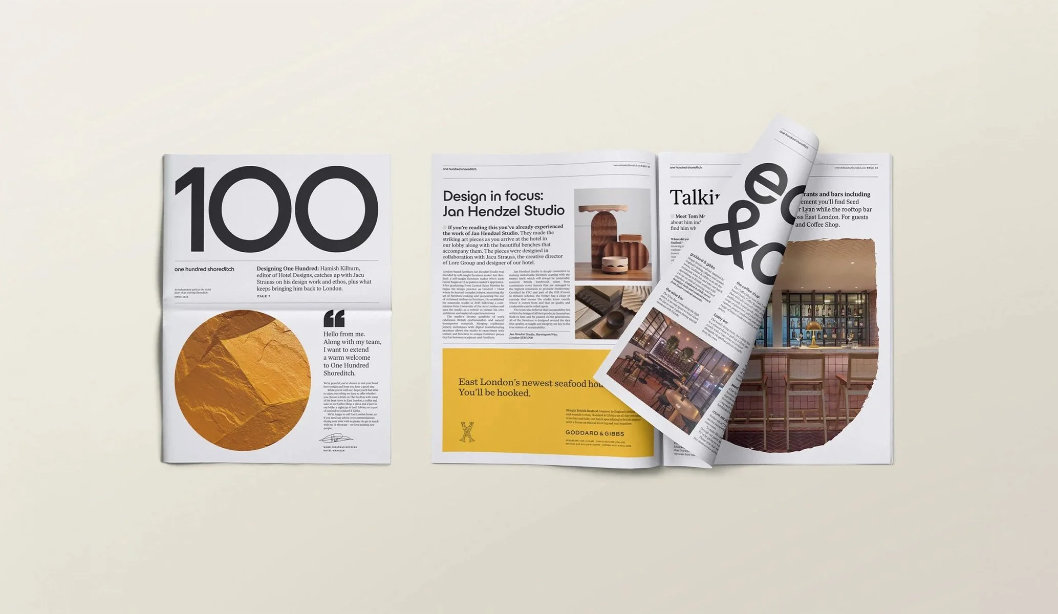In-room directory newspaper for One Hundred Shoreditch created as part of the suite of collateral when applying the new brand identity by Colt
