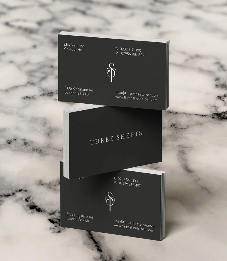 business cards. for three sheets bar created as part of the roll out of their brand identity