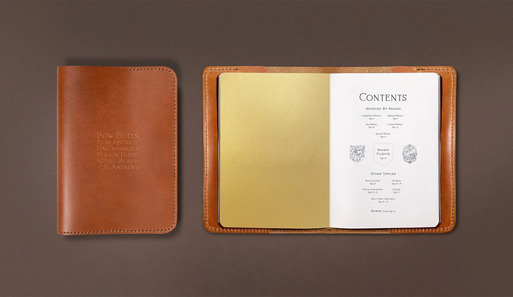 Brown leather menu cover and contents for Bow Butts bar at Seaton House, part of the brand identity by Colt