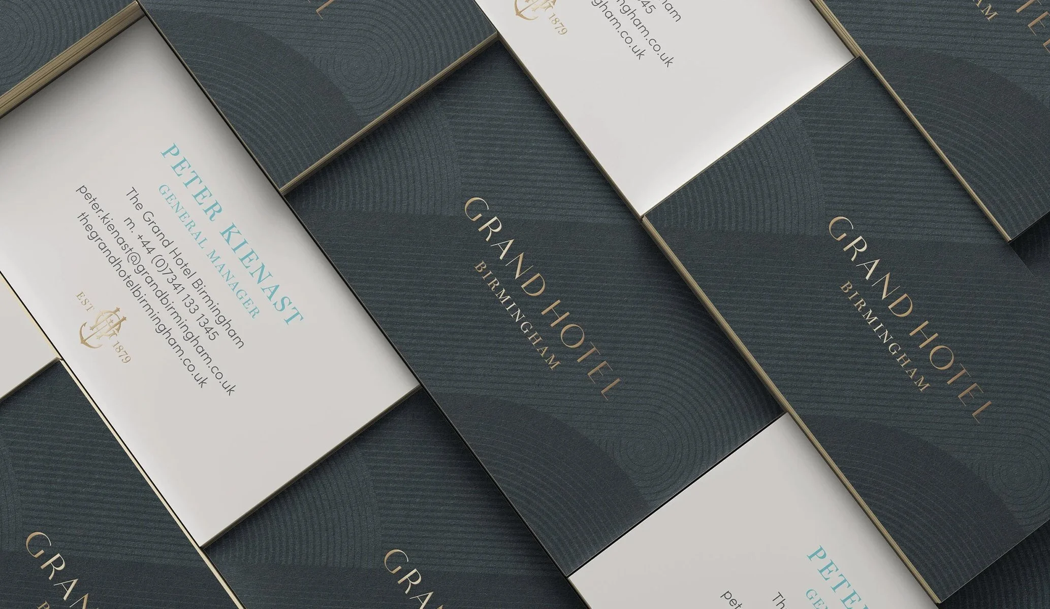 Gold foil blocked business card for The Grand, Birmingham, part of the brand identity by Colt