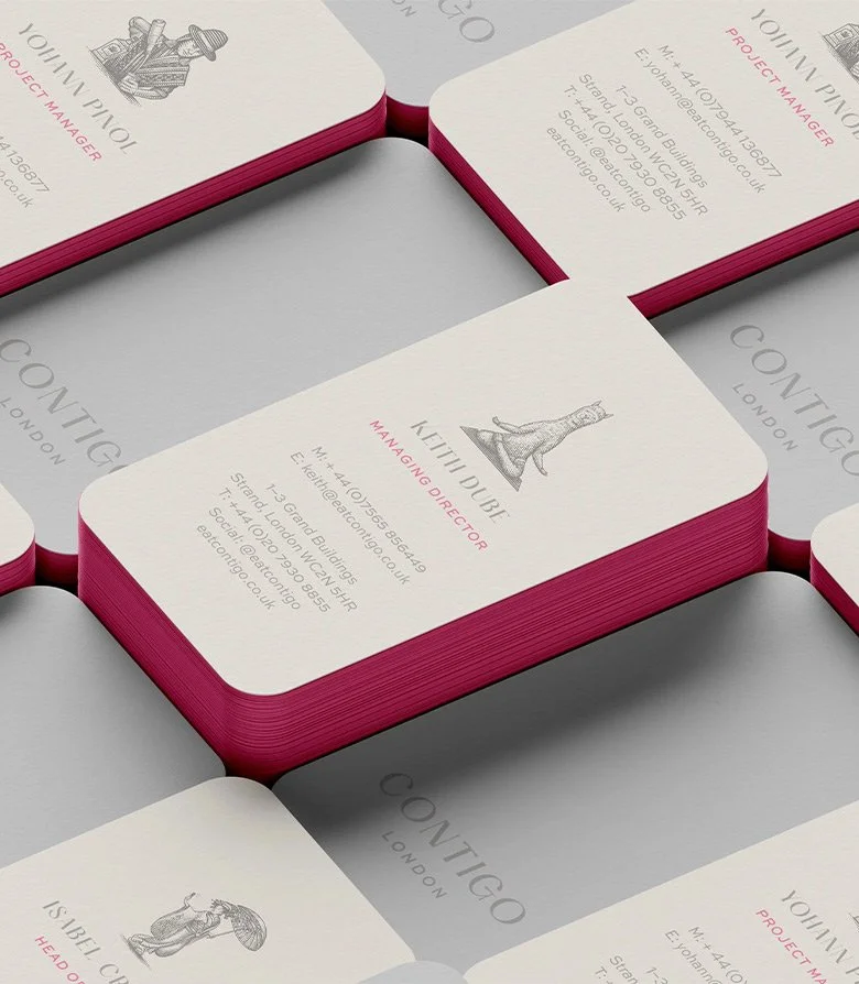 Business cards with pink edge created by Colt as part of the brand identity for Contigo restaurant in London
