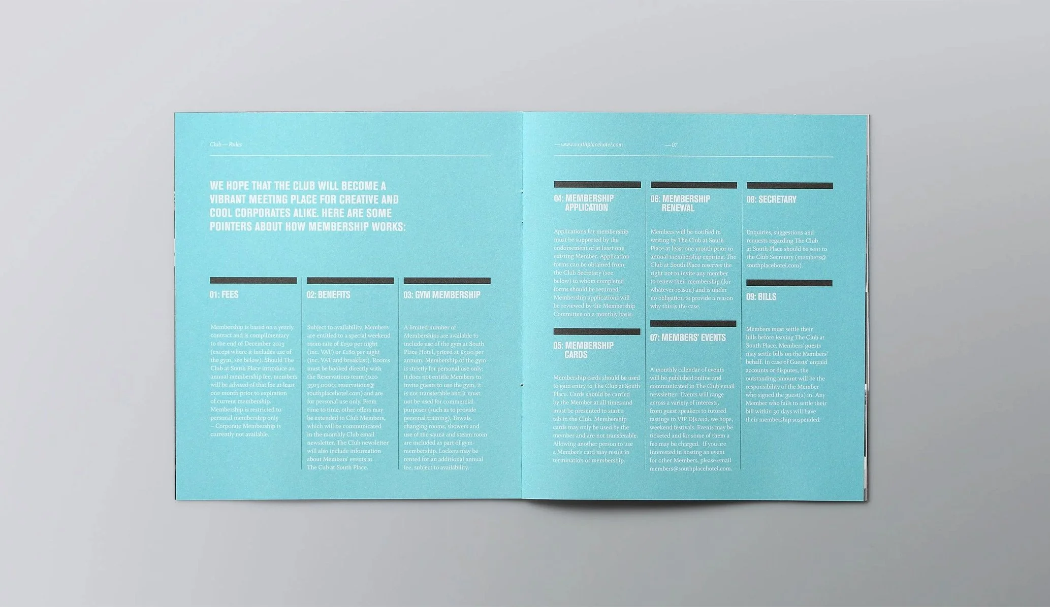 Welcome pack and rule book opening spread for Club, the private members bar at South Place Hotel, London