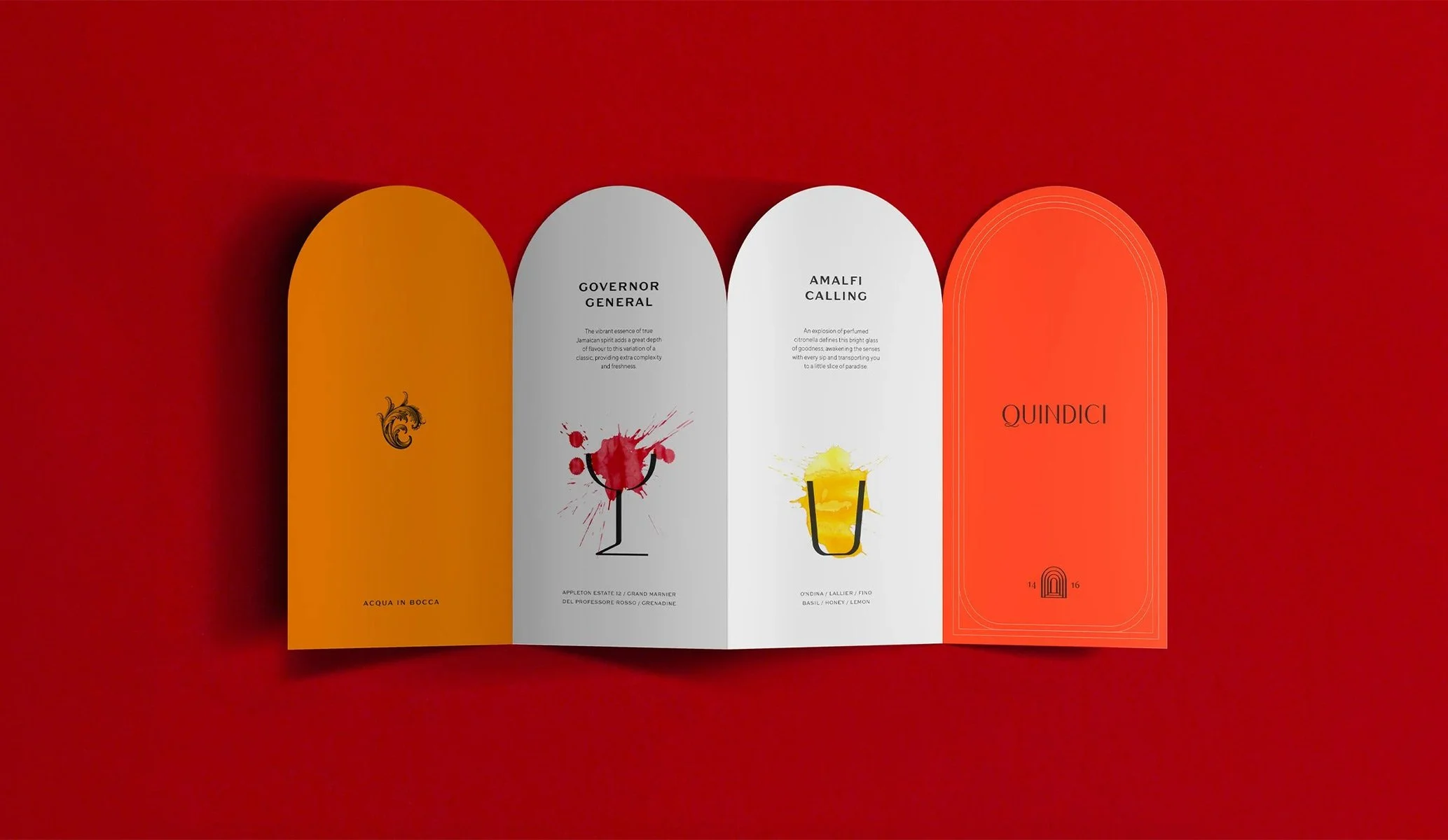 Drinks menu for Quindici bar at Campari HQ in London designed by Colt