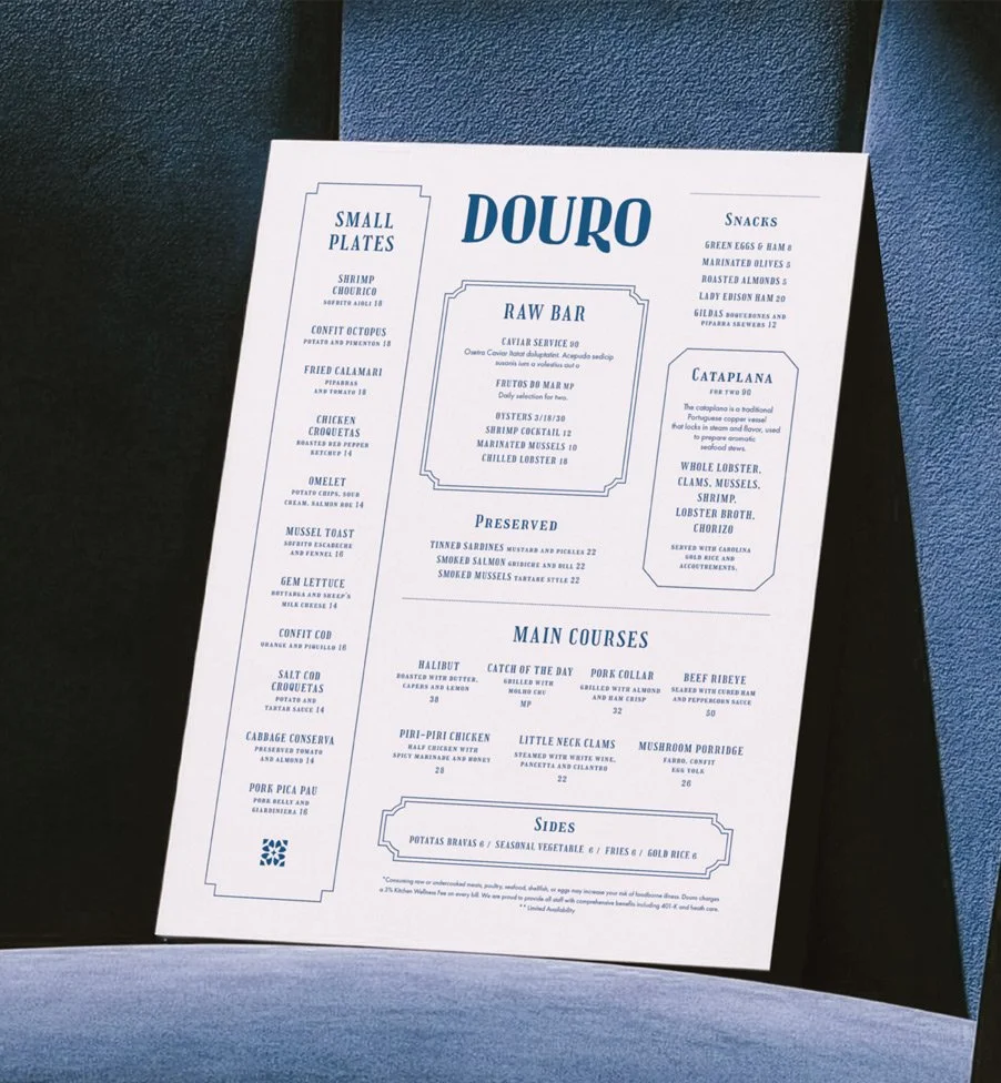 Menu design created for Douro, a Portuguese-inspired seafood restaurant in Portland, Maine.