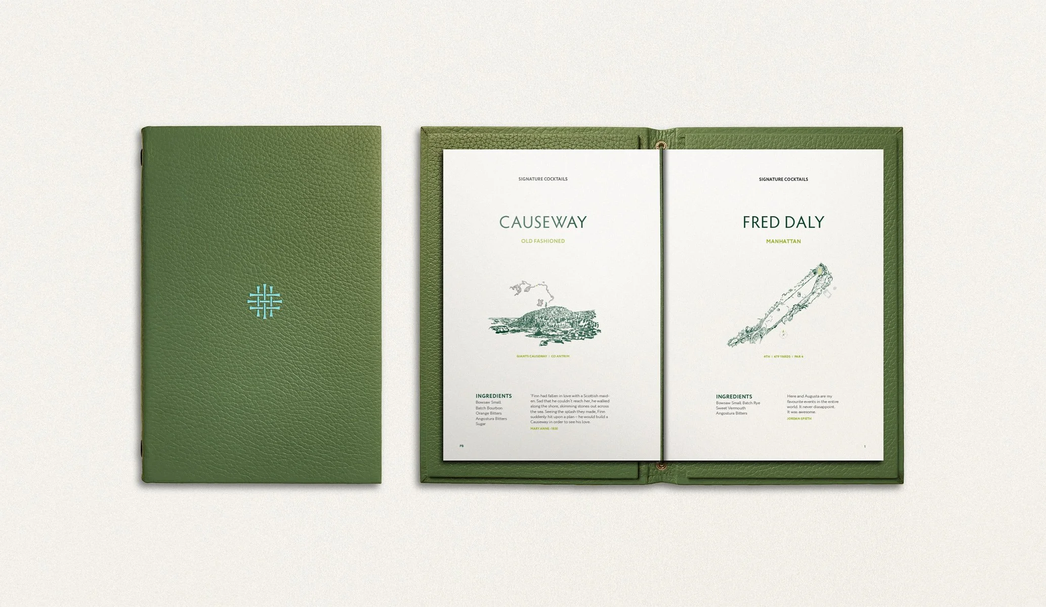 green leather cocktail menu produced as part of the brand identity for Dunluce Lodge designed by Colt branding agency, London