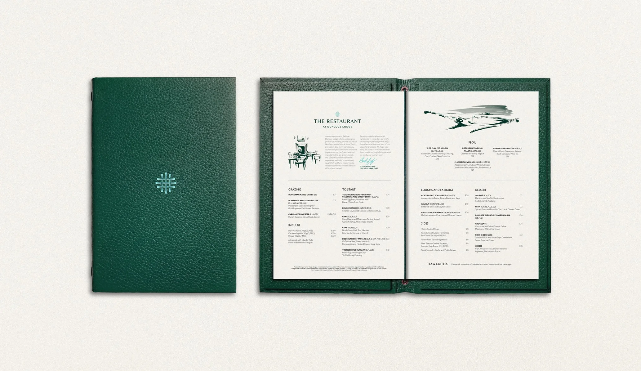 green leather restaurant menu produced as part of the brand identity for Dunluce Lodge designed by Colt branding agency, London