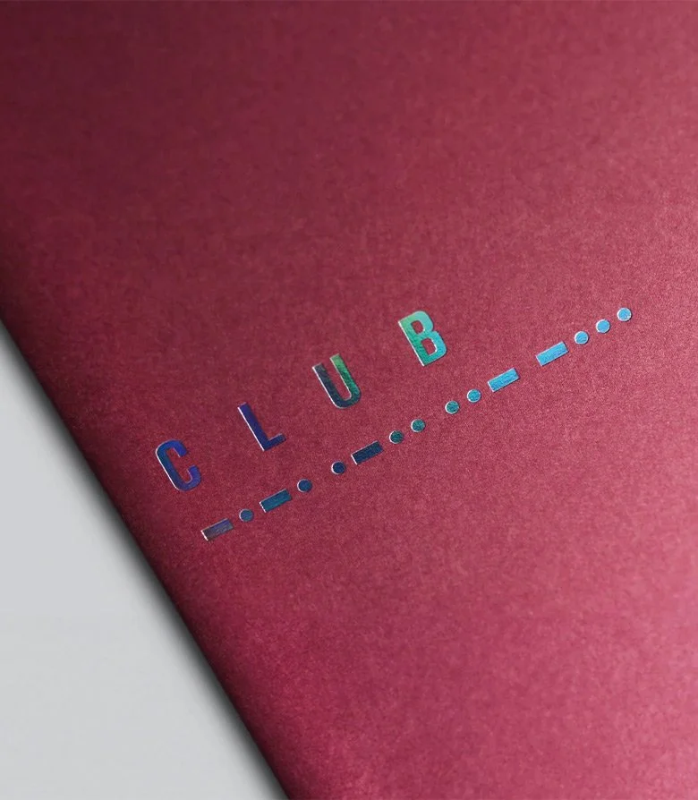 spectral foil block of the logo for Club private members bar at South Place Hotel, London