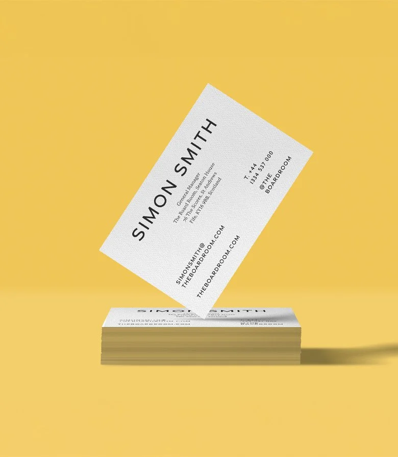 Business cards for the Board Room at Seaton House, St Andrews, created as part of the brand identity by Colt