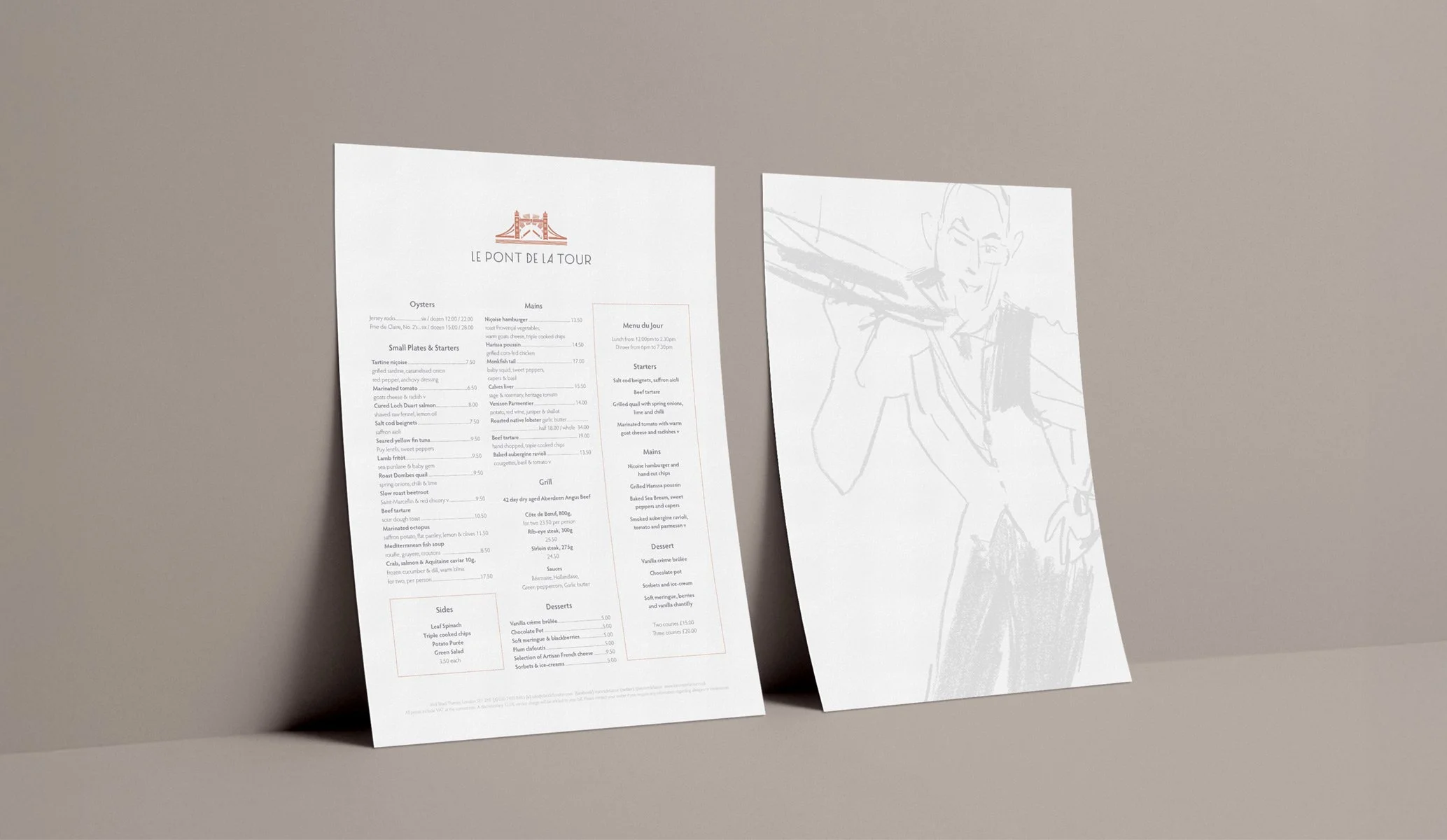 Pont De La Tour menus created as part of the full brand identity rebrand by Colt