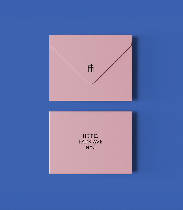 Pink envelopes on a blue background with monogram and wordmark for Hotel Park Ave