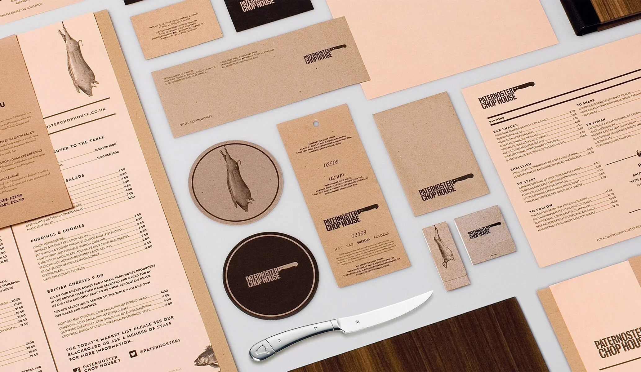 Print collateral featuring the brand identity created by Colt for or Paternoster Chop House restaurant