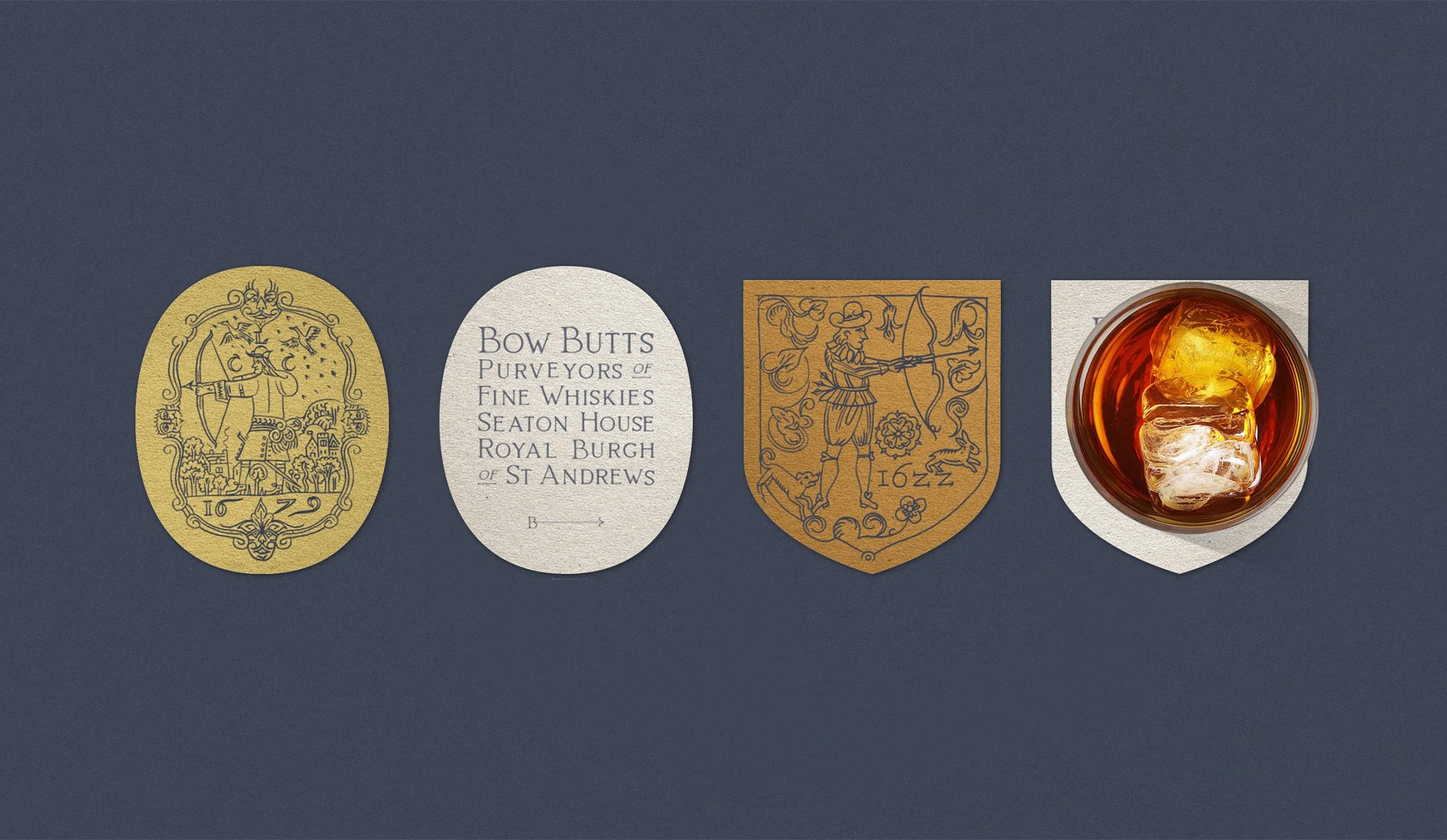 Drinks coasters for Bow Butts Bar in St Andrews, created as part of the brand identity by Colt
