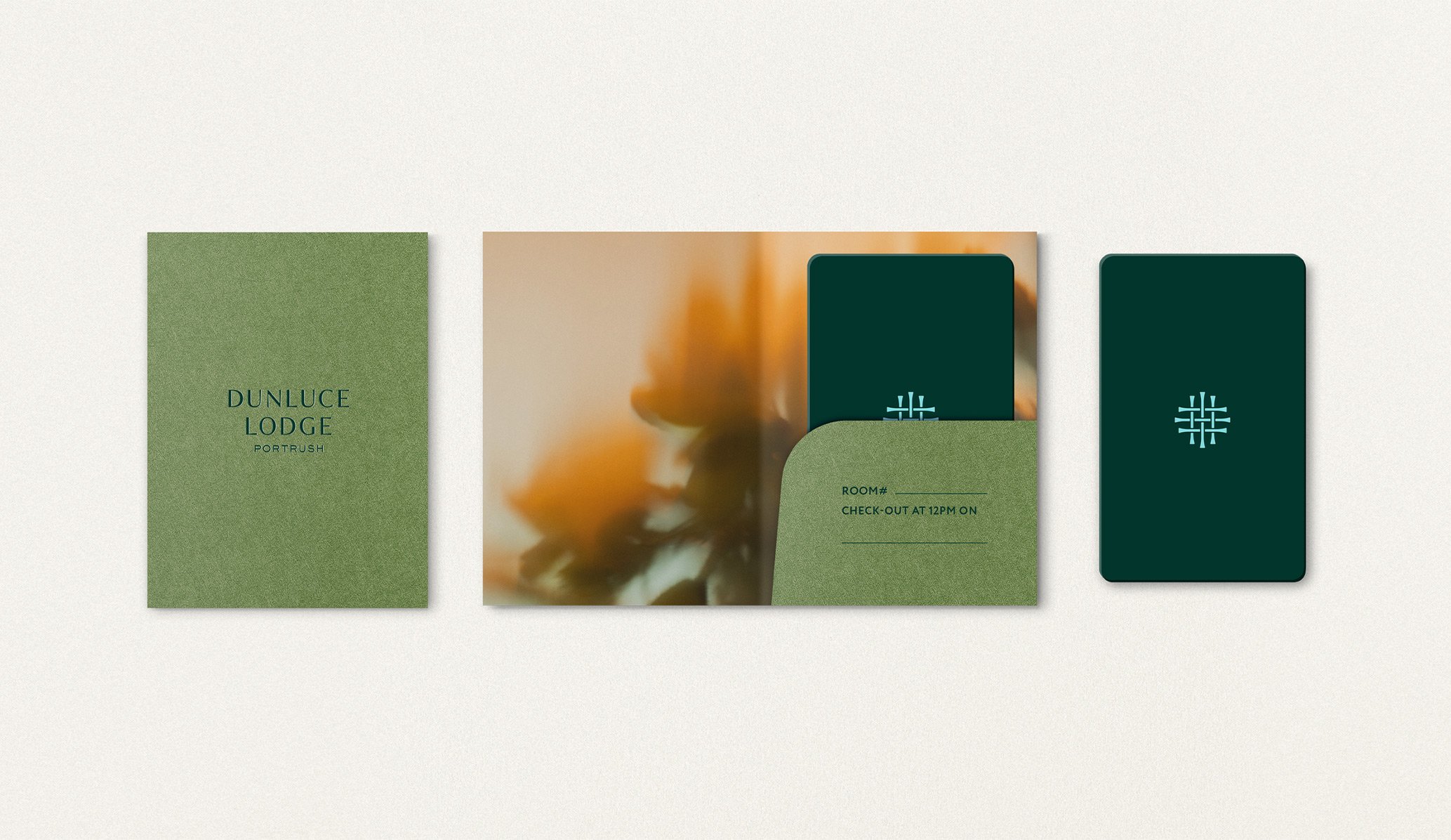 hotel room key card and card holder, part of the the print collateral for Dunluce Lodge hotel branding by Colt
