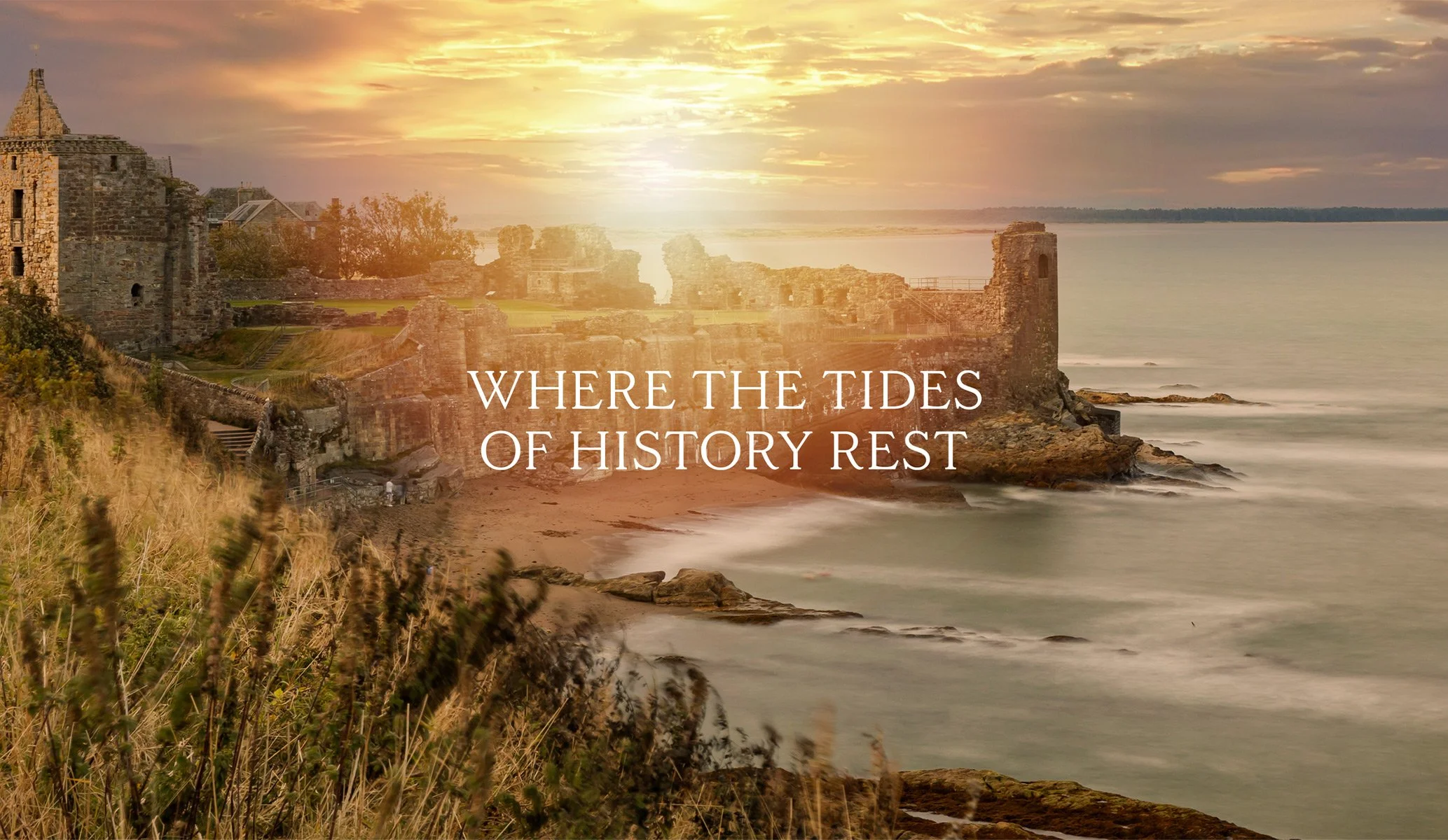 Castle ruins in St Andrews Scotland with the strapline for Seaton House Hotel centrally