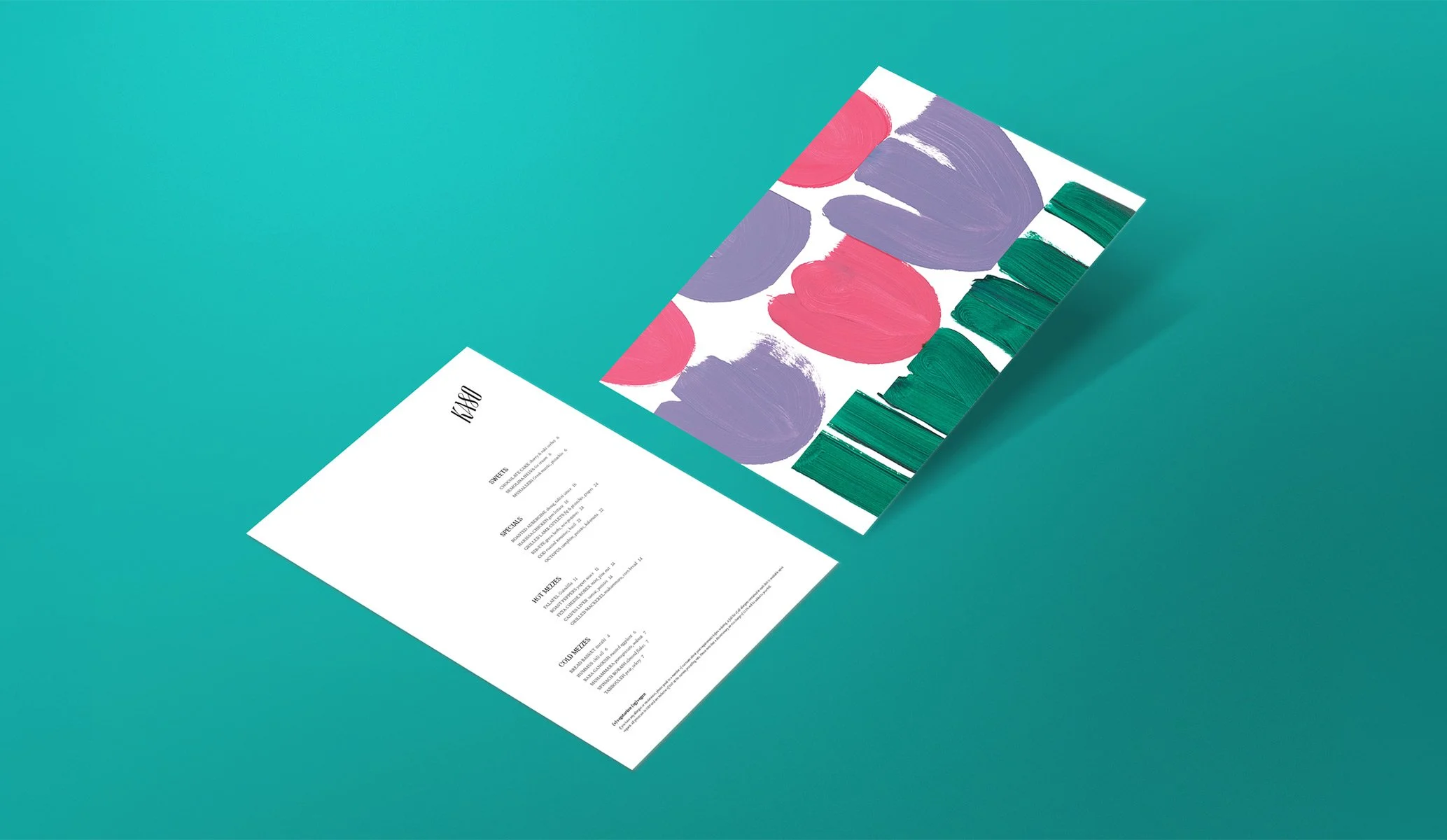 A4 paper menu featuring a painting of flowers and the brand identity for Kaso, designed by Colt