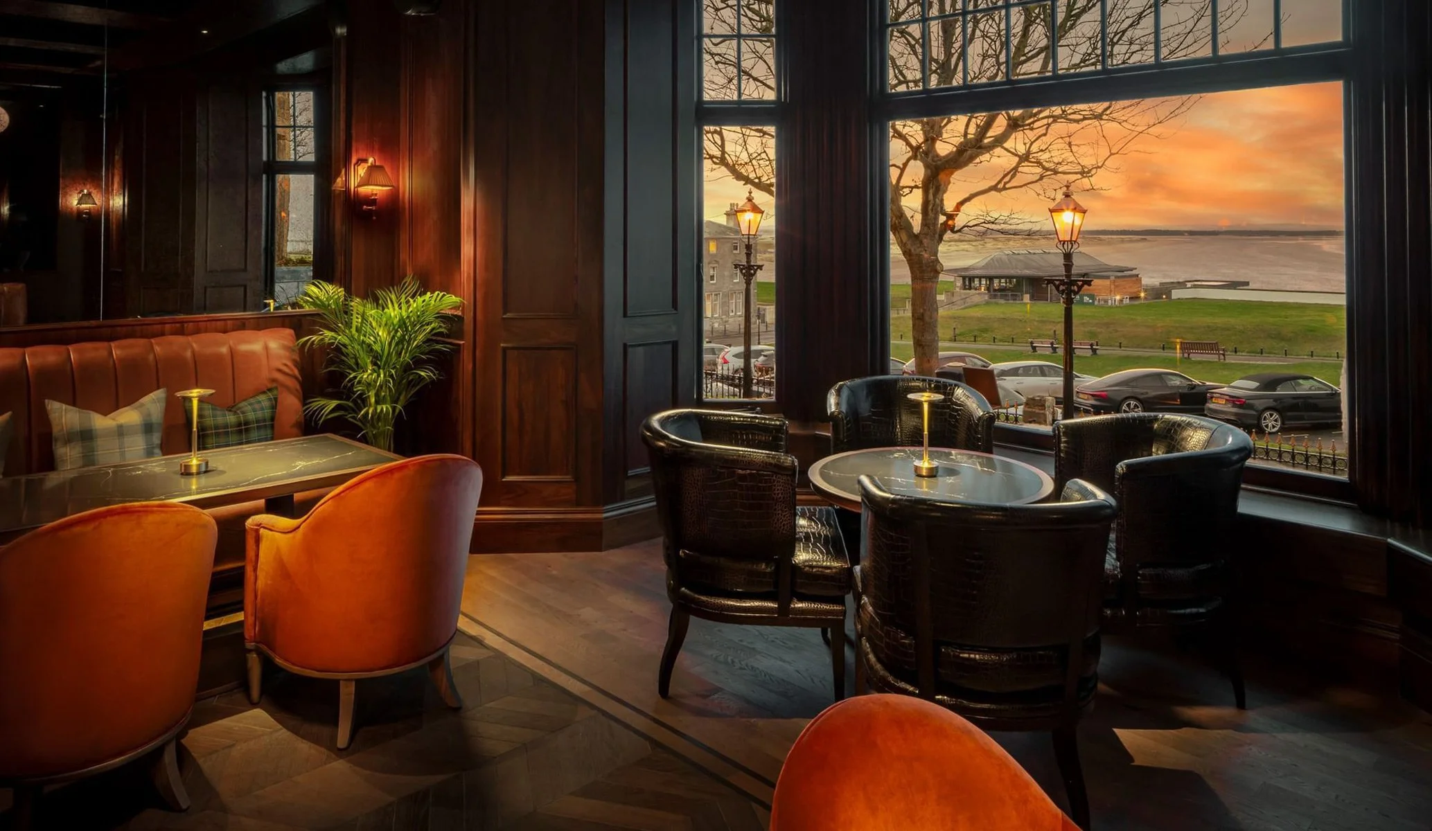 the view at sunset from Bow Butts bar at Seaton house, St Andrews