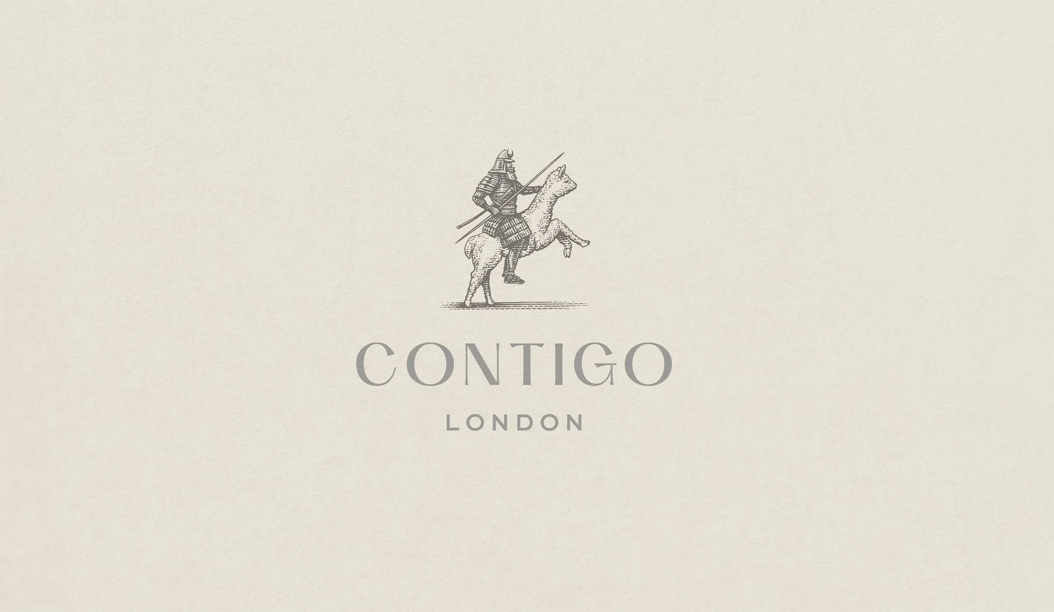 Logo of a samurai on a llama by Steven Noble, created by Colt as part of the brand identity for Contigo restaurant in London