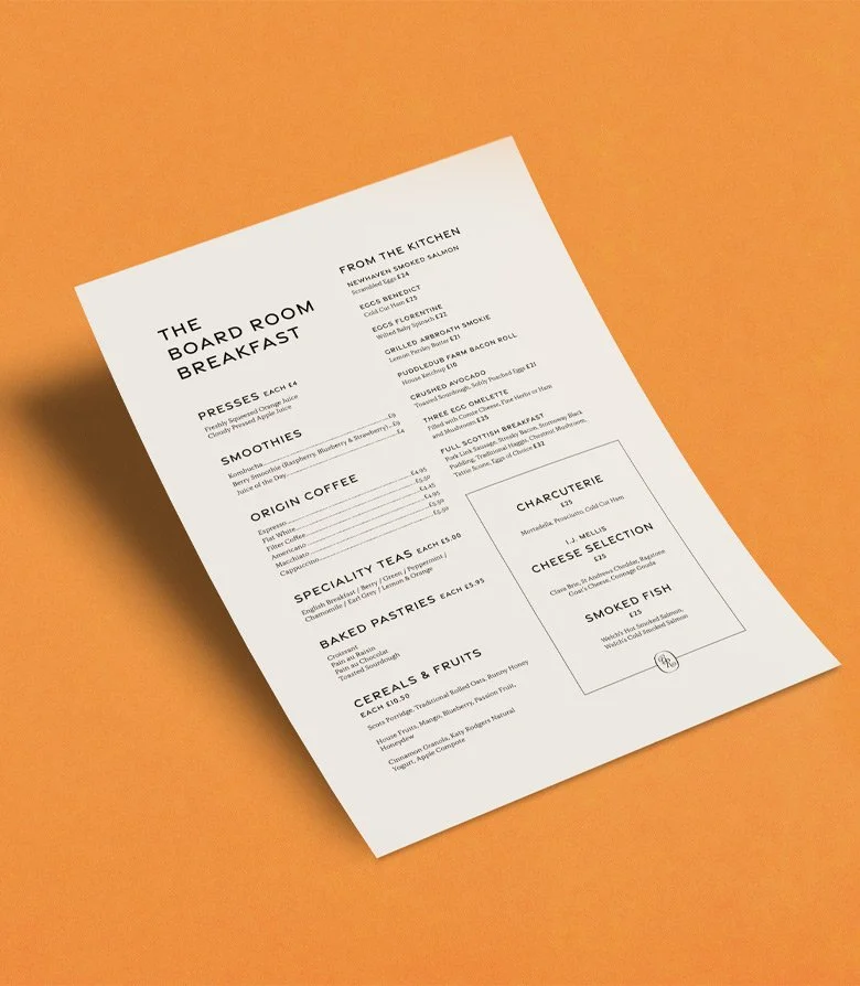 Menu for the Board Room at Seaton House, St Andrews, created as part of the brand identity by Colt