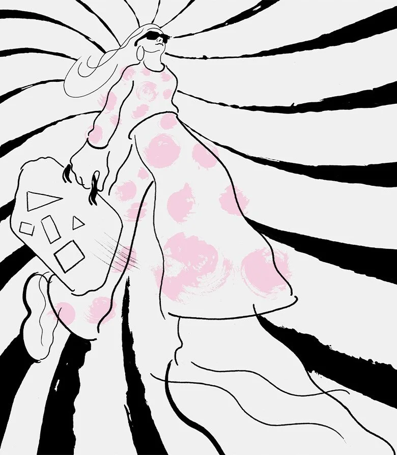 Illustration or a women holding a suitcase dressed in pink polka dots wearing sunglasses