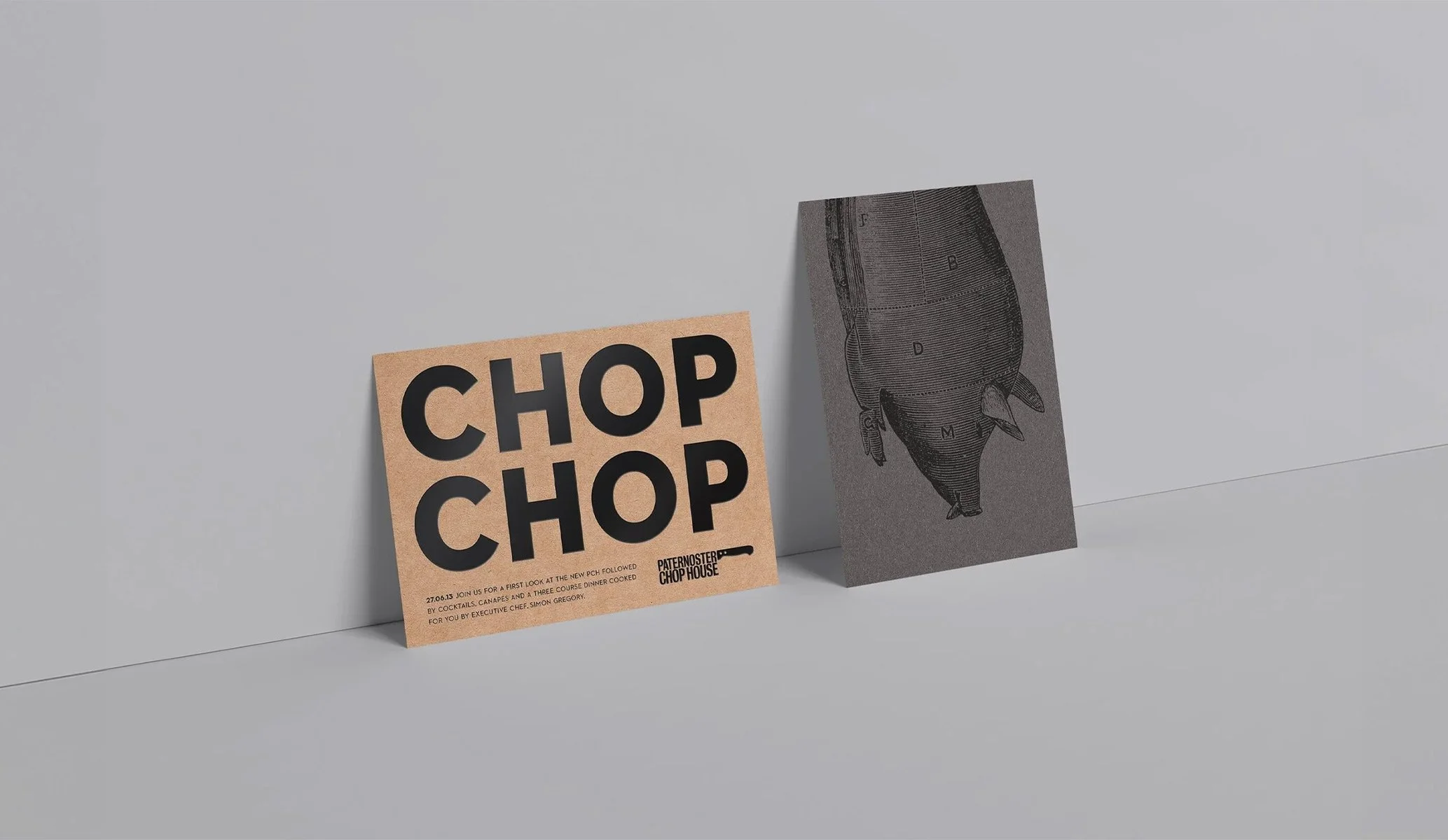 Printed invitation for Paternoster Chop House featuring bold typography and a vintage pig illustration.