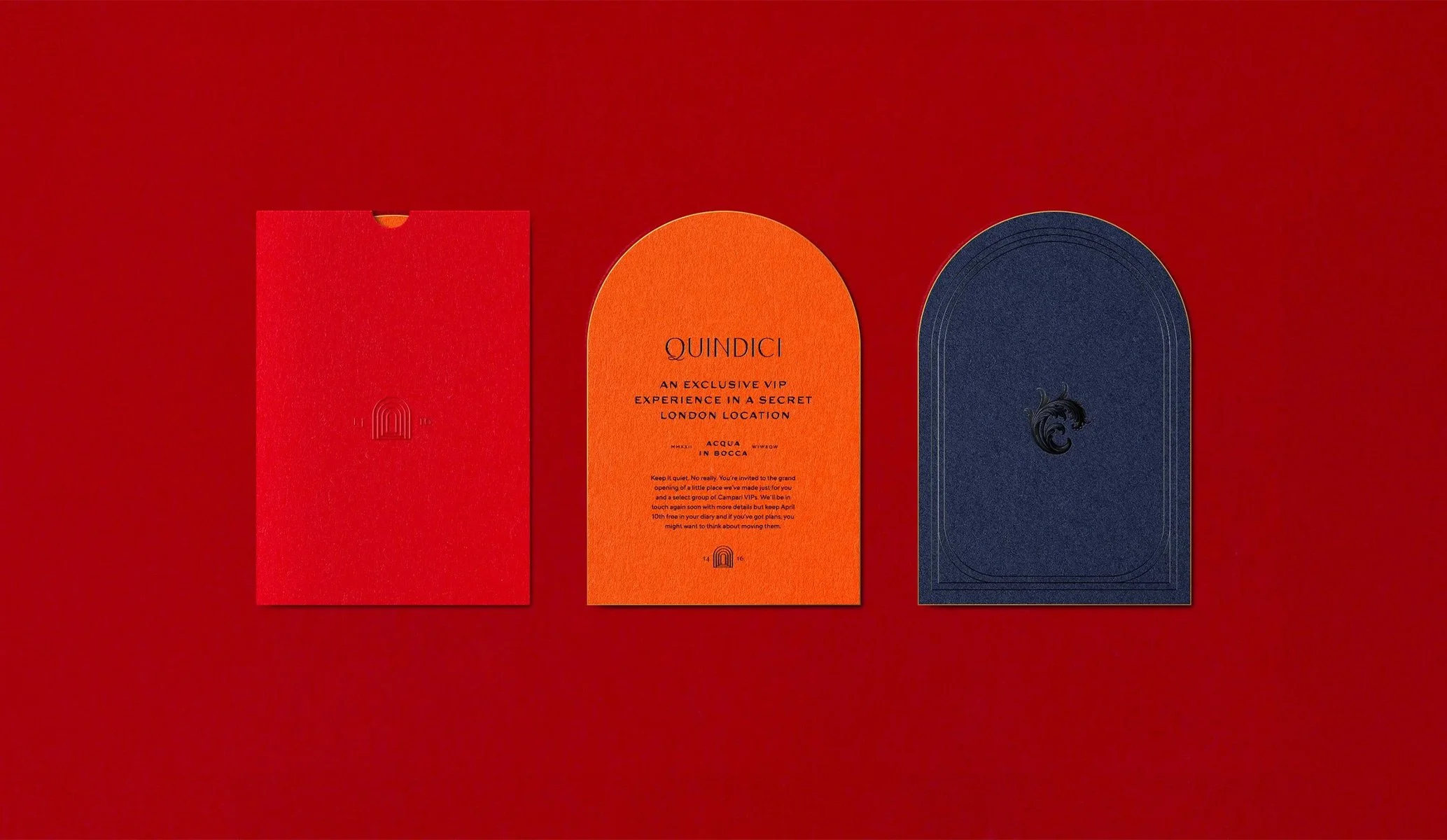 Launch invite for Quindici bar at Campari HQ in London designed by Colt