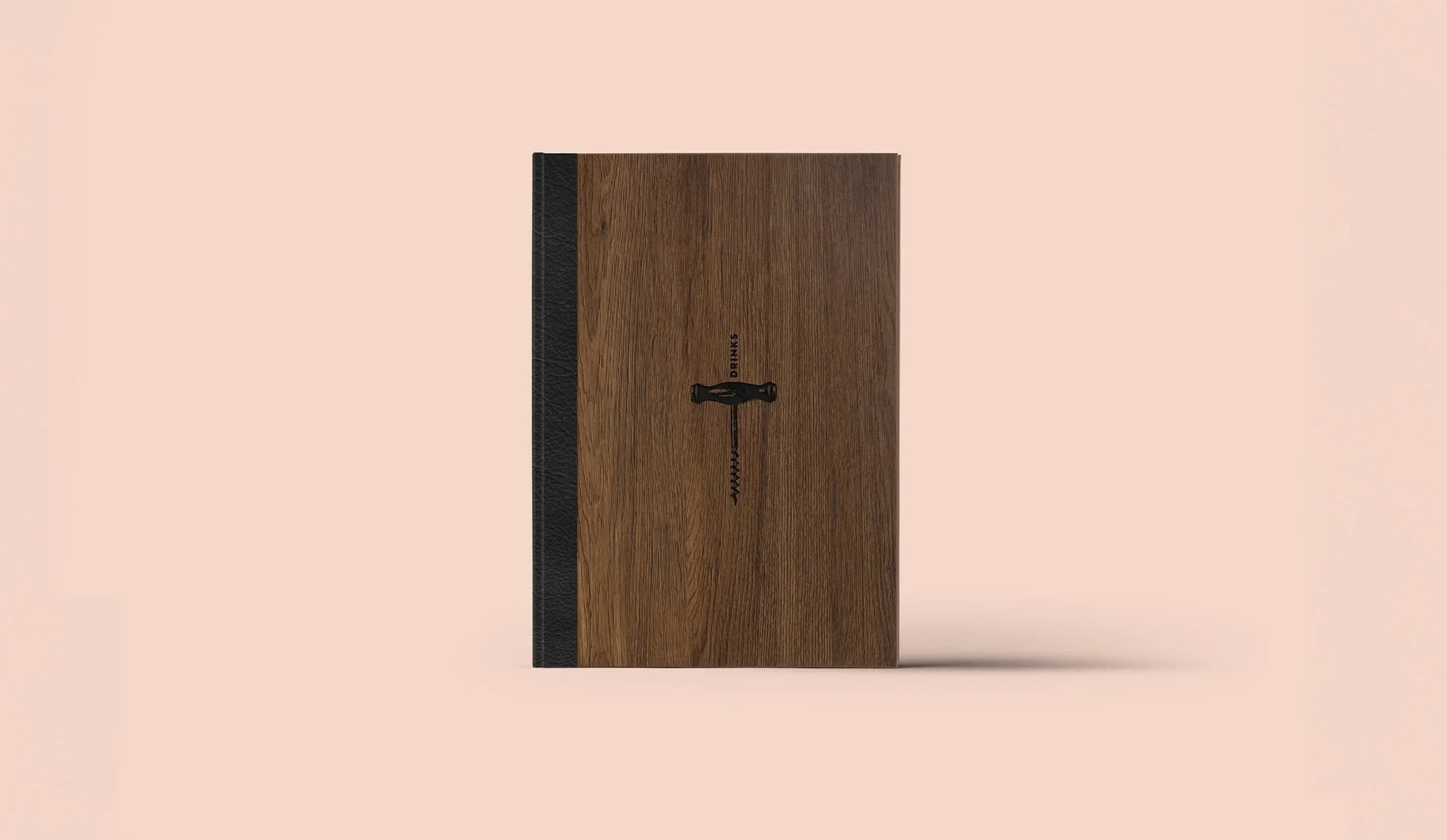Wooded menu cover with leather binding and debossed corkscrew detail