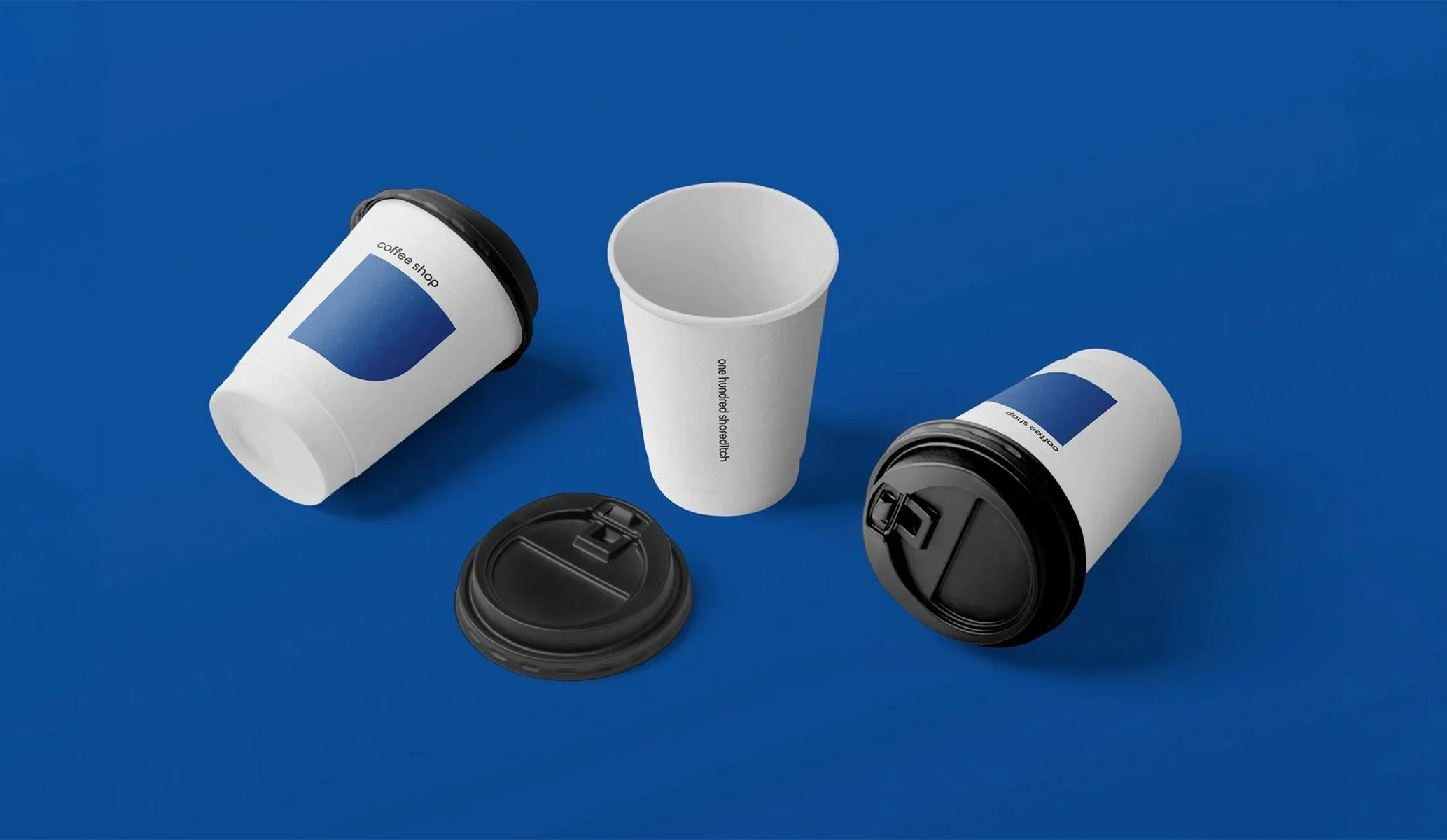 coffee cups for One Hundred Shoreditch coffee shop created as part of the suite of collateral when applying the new brand identity by Colt