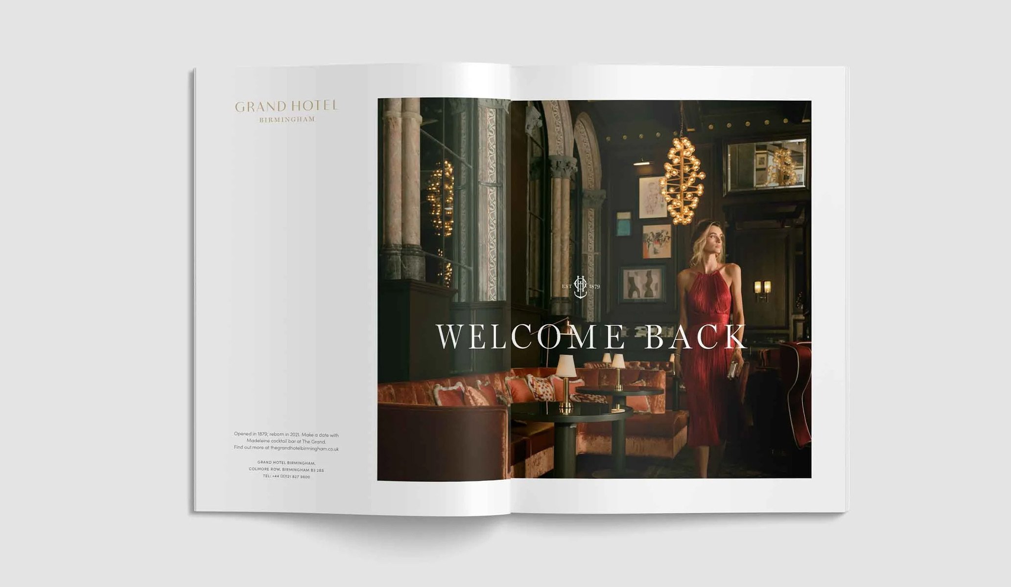 double page advert with 'welcome back' written to celebrate the opening of The Grand Hotel, designed by Colt