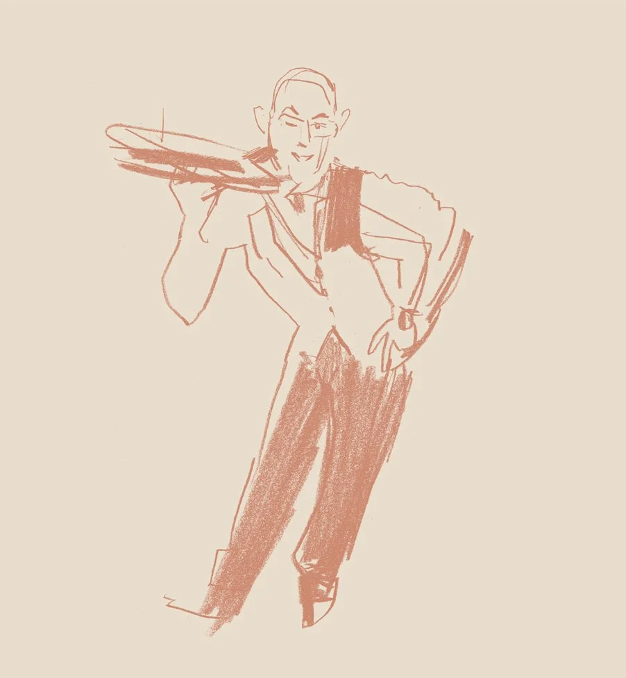 Illustration of a waiter created for the Le Pont de la Tour restaurant brand identity.