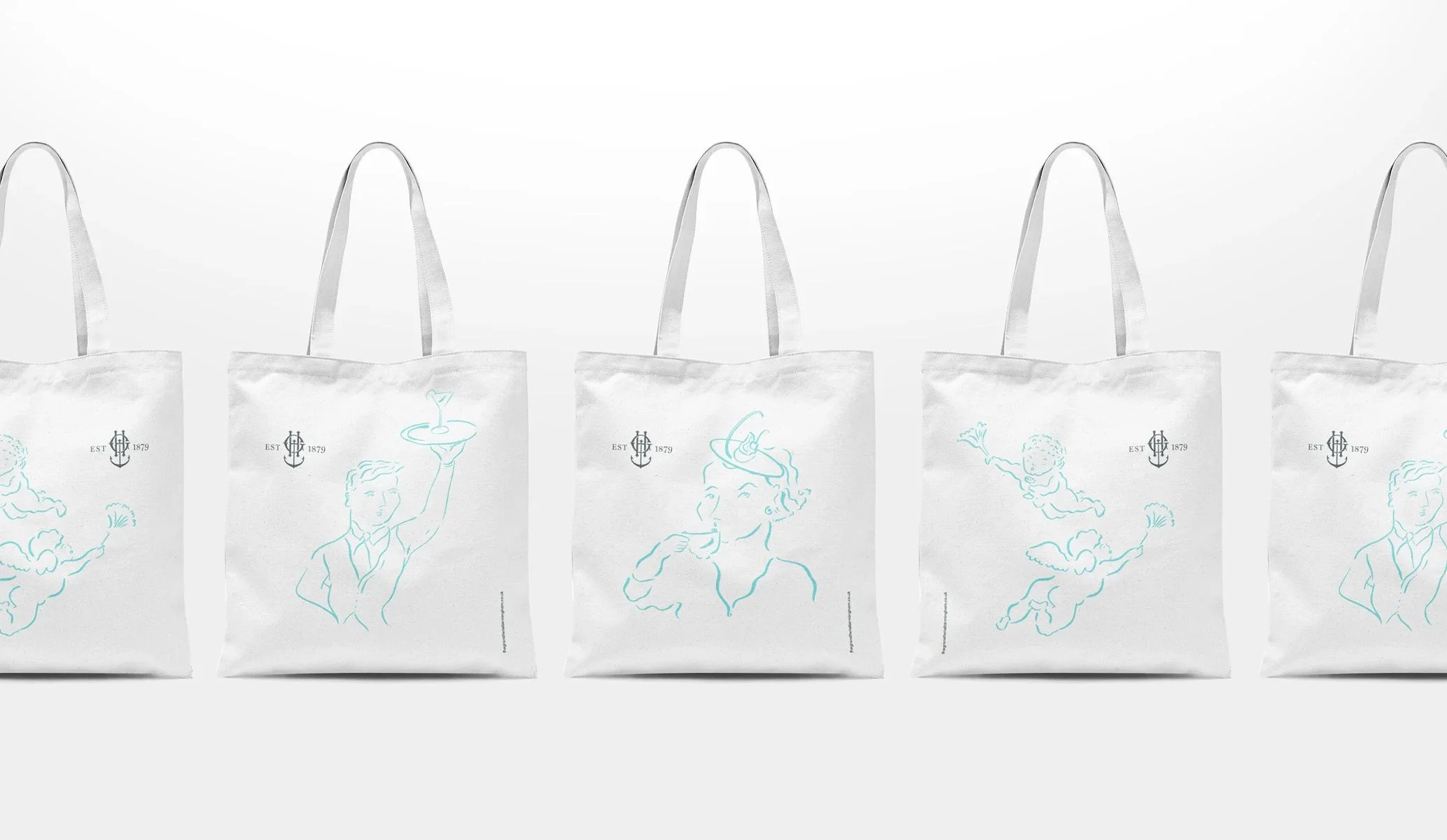 Five white tote bags on a white background, each with a different illustration in blue, part of the brand identity for The Grand, Birmingham by Branding agency Colt