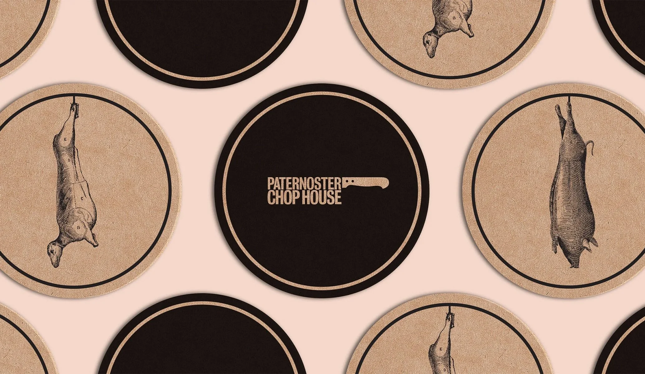 Drinks coasters featuring an illustration of lamb meat cuts and a logo created by Colt for the Paternoster Chop House brand idenity