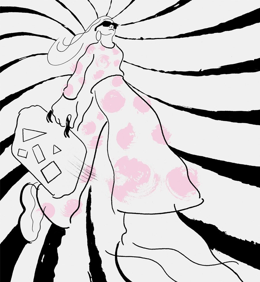 Illustration of a woman with luggage created for the Pulitzer Hotel Amsterdam brand identity.