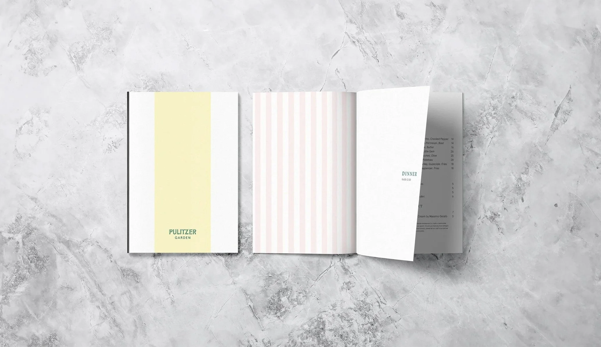 menu cover and interior pages with pink and yellow stripes for pulitzer amsterdam restaurant