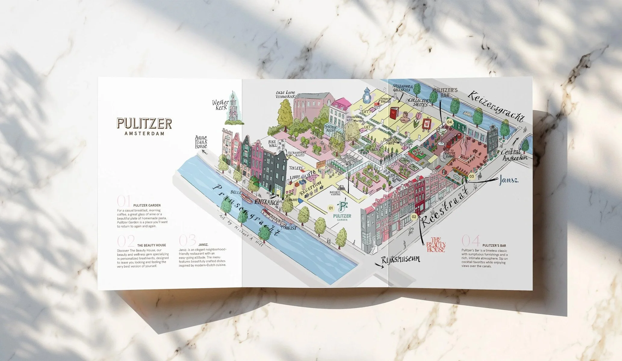 Illustrated map for Pulitzer Hotel in Amsterdam, created as part of the brand identity project by Colt, hotel branding specialists