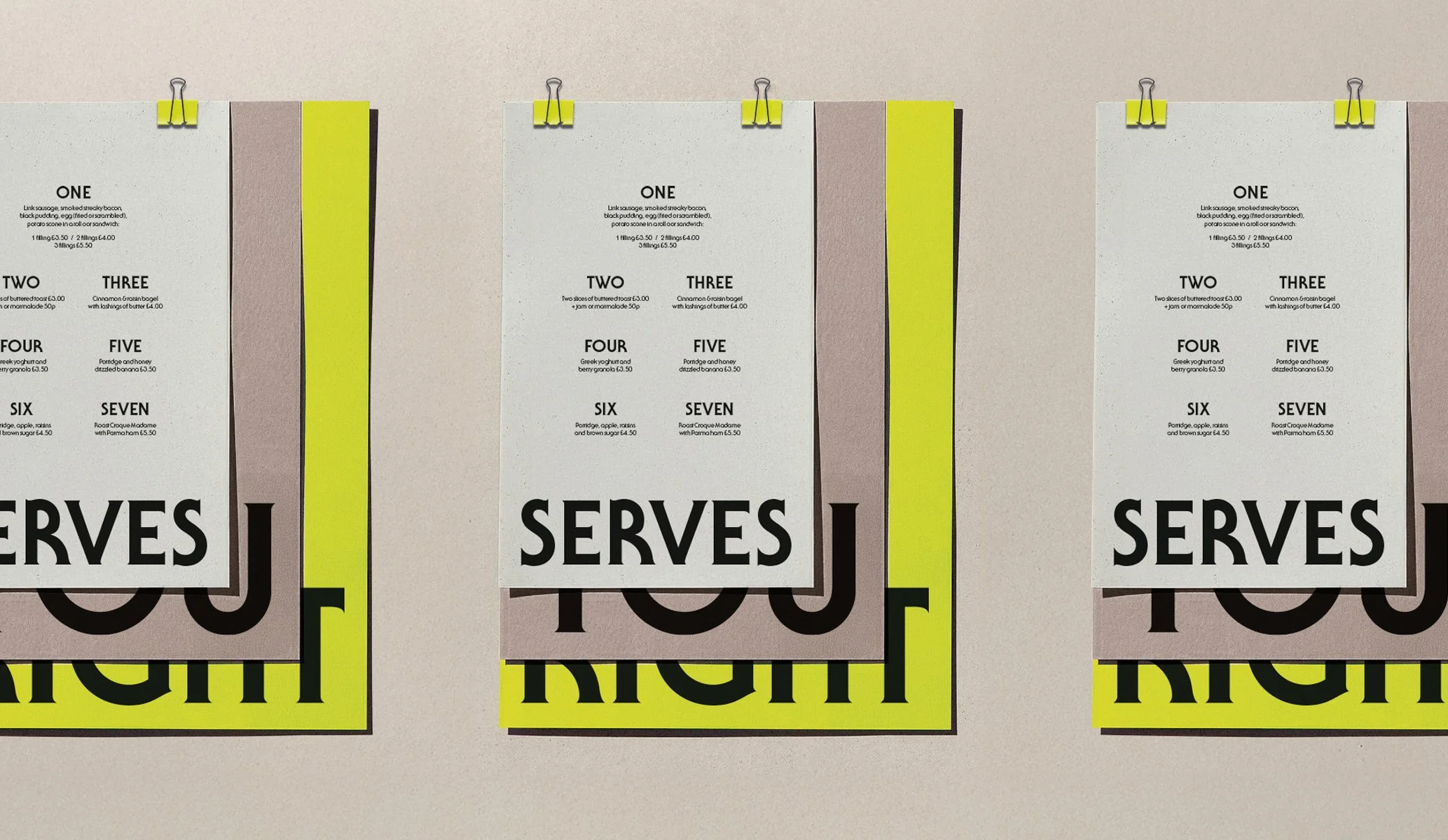 menus clip to a board with fluorescent yellow bulldog clips