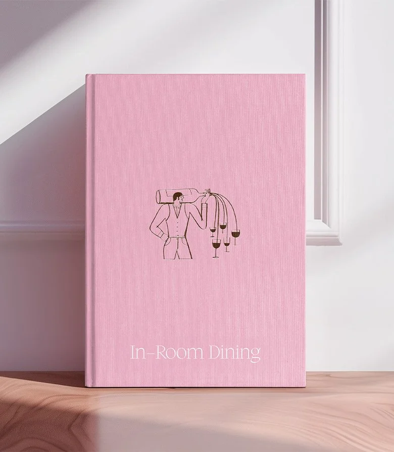 Pink in-room dining menu for Pulitzer Hotel in Amsterdam, created as part of the brand identity project by Colt, hotel branding specialists