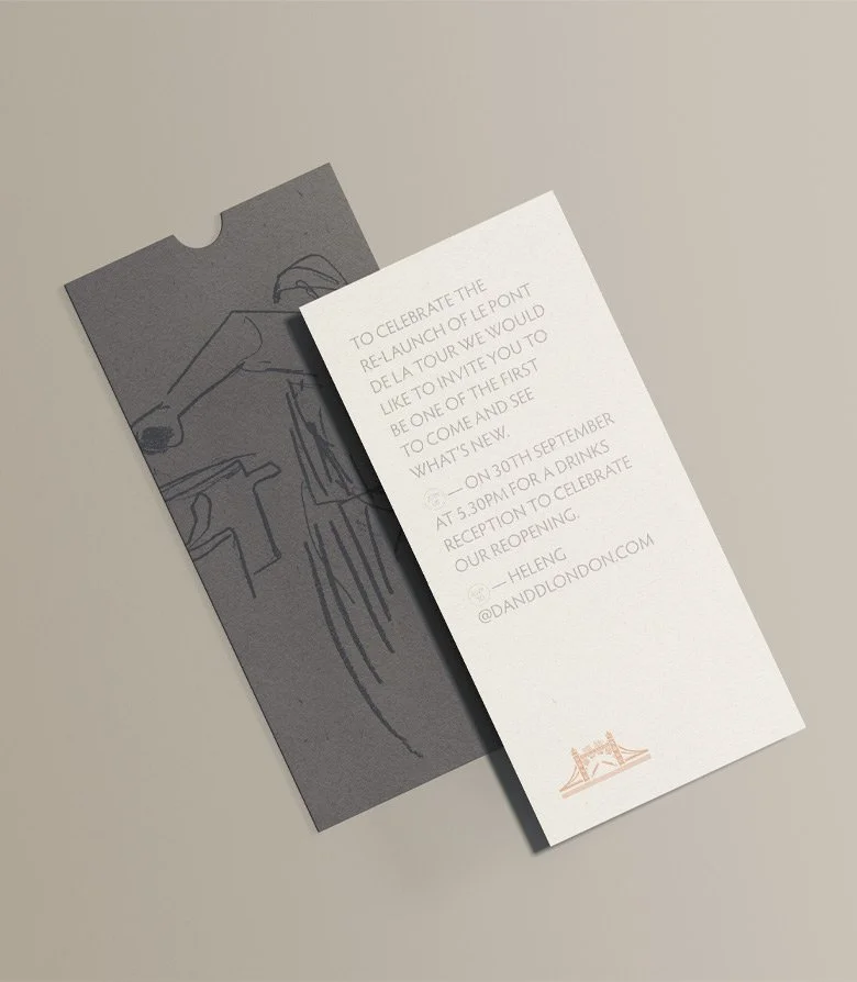 Pont De La Tour launch invites created as part of the full brand identity rebrand by Colt