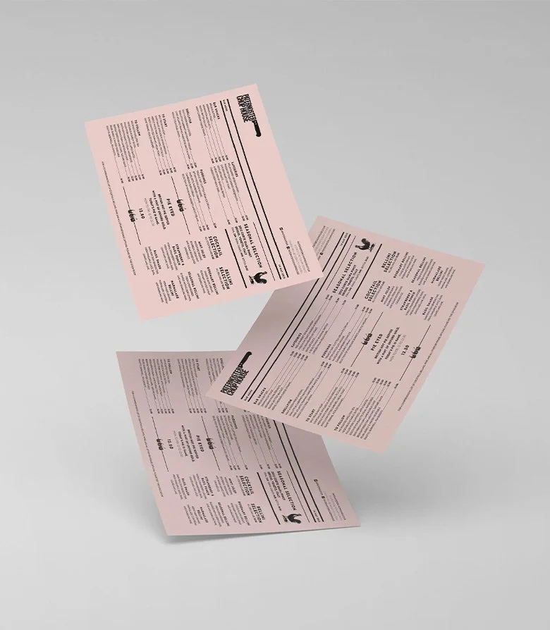 Three pink menus featuring the brand identity created by design agency Colt