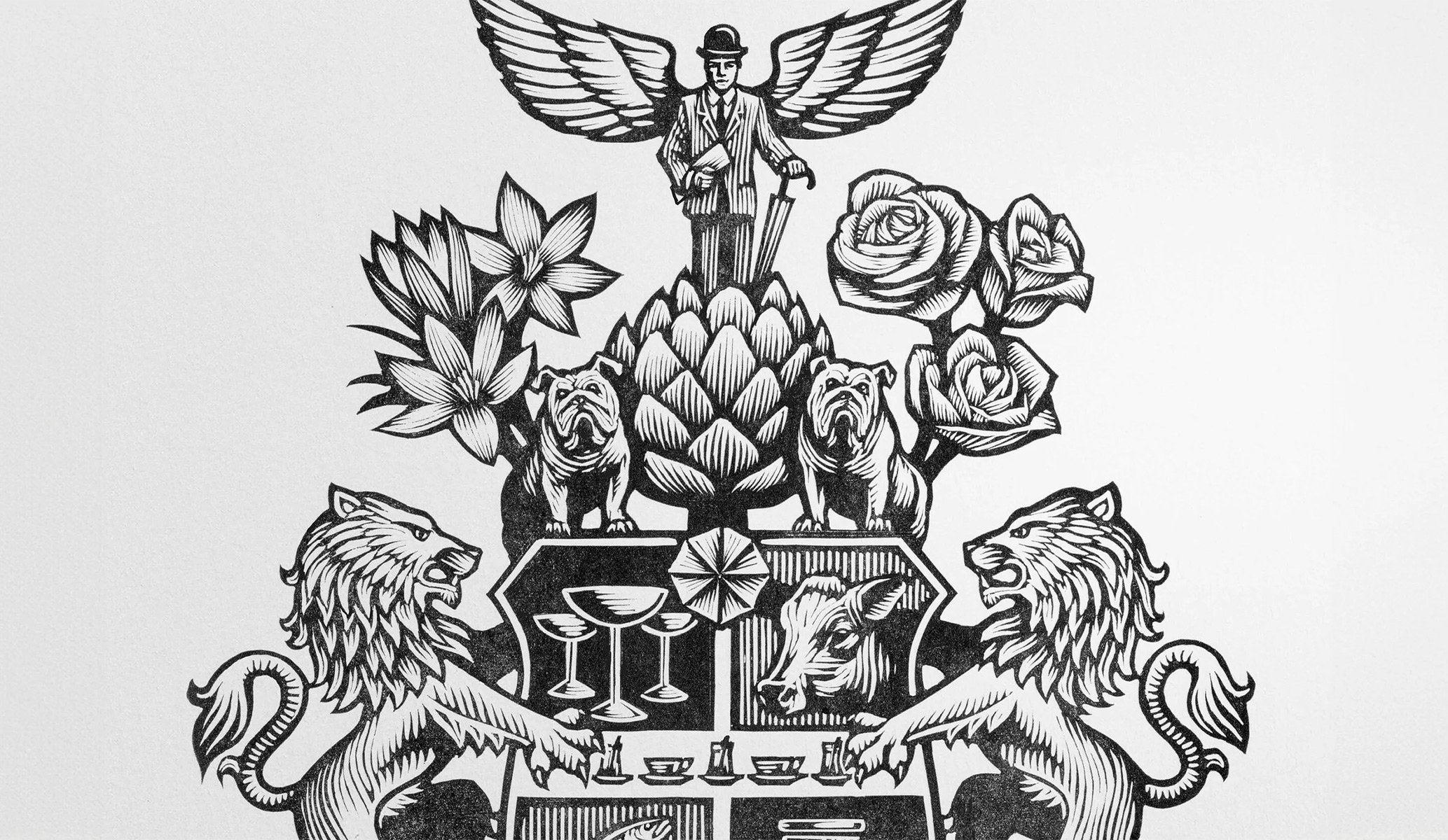 Close up of the ornate, linocut crest for Duke restaurant in Istanbul, created as part of the brand identity by Colt