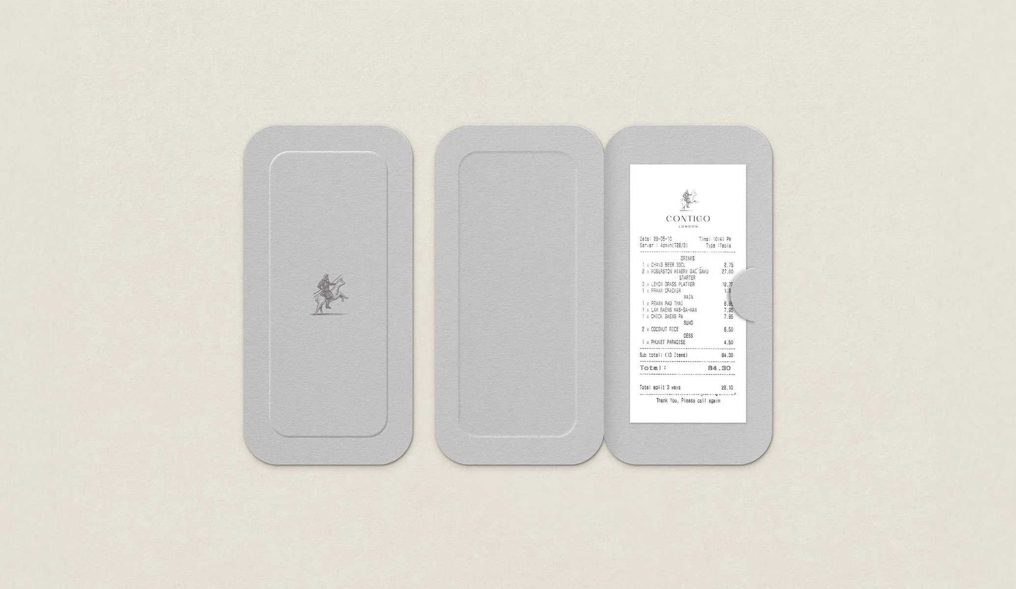 grey bill holder with rounded edges and a blind emboss to the cover on a cream background