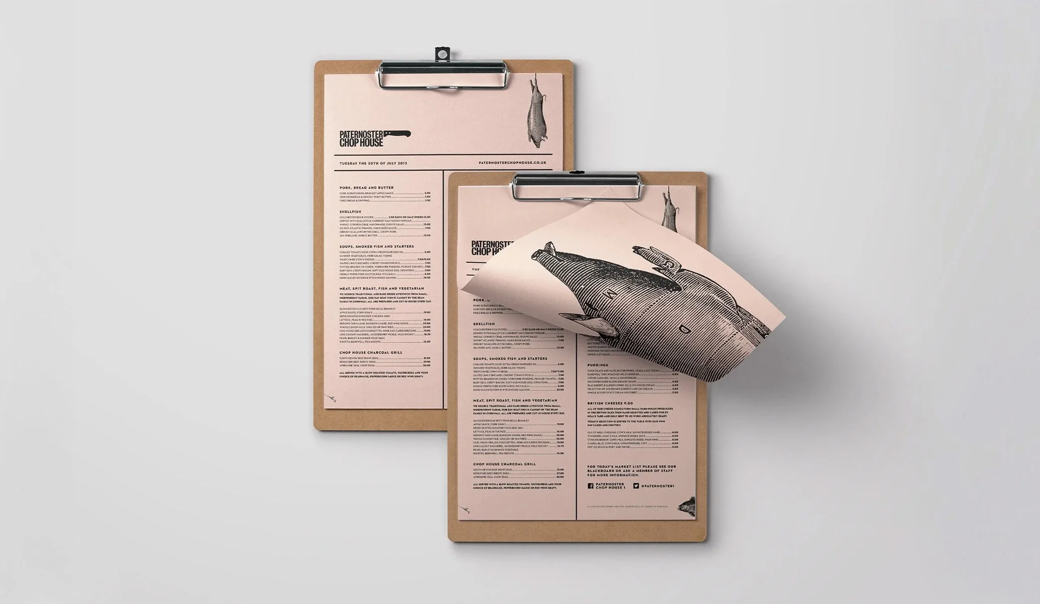 Two clipboards with restaurant menus featuring a pig illustration, titled "Paternoster Chop House."