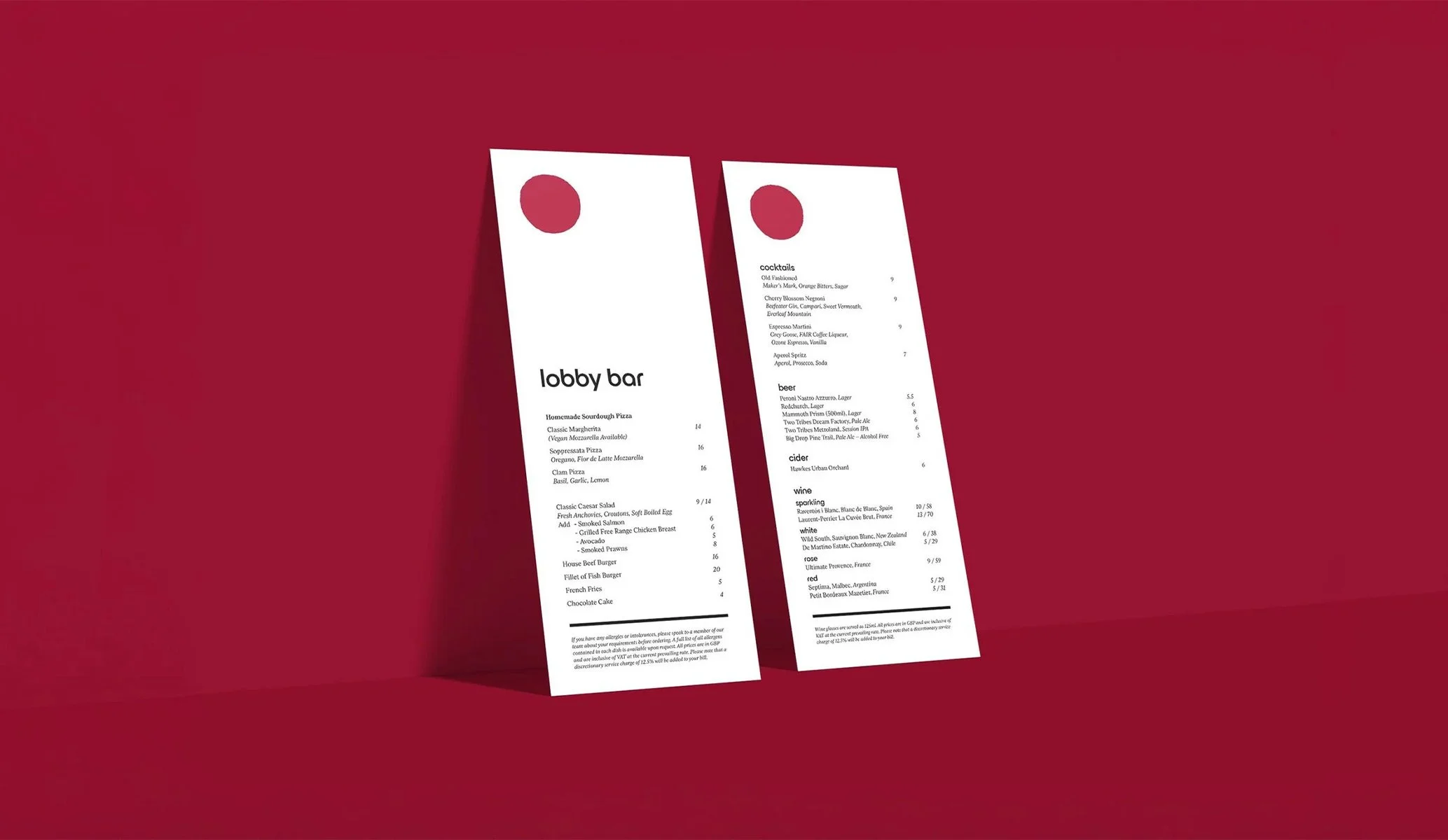 menus for One Hundred Shoreditch  obby bar created as part of the suite of collateral when applying the new brand identity by Colt
