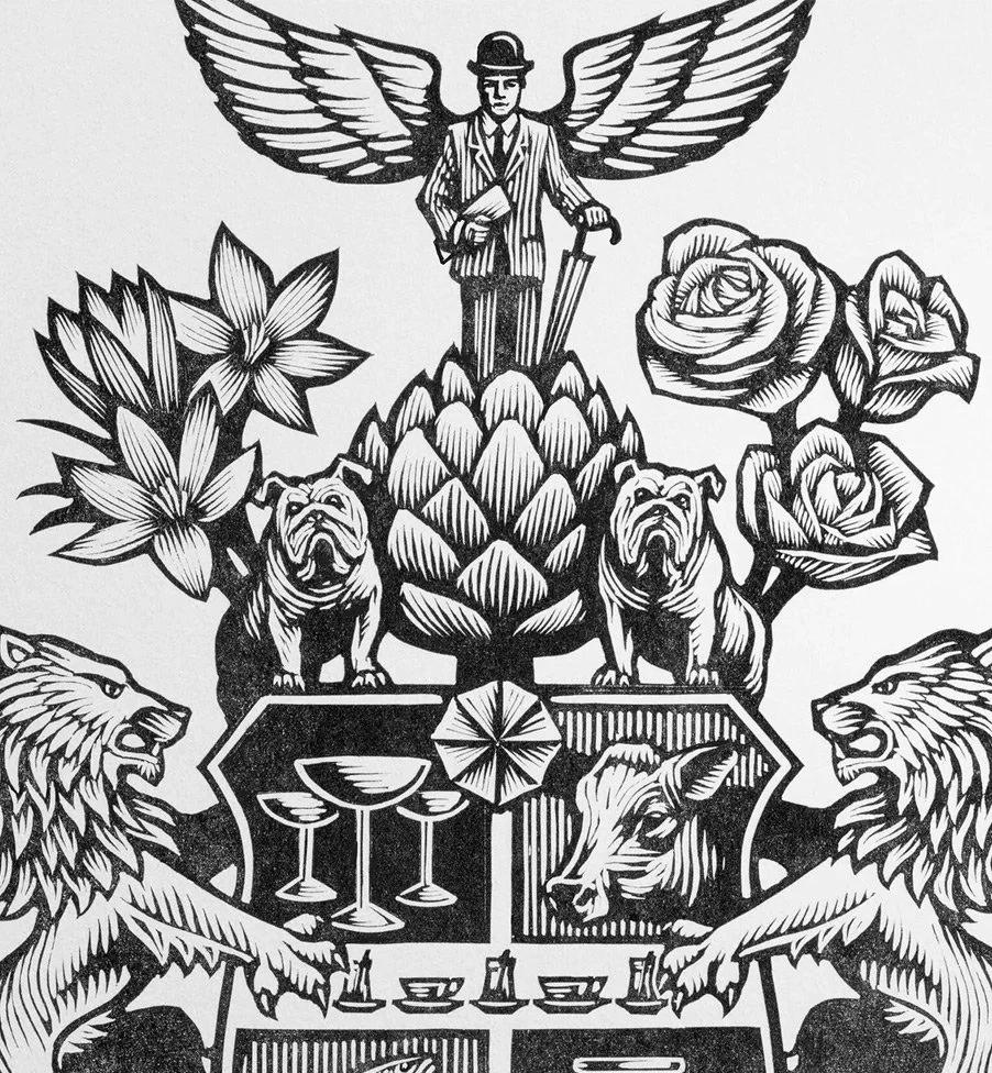 Close-up of the custom linocut-style crest created for the Duke Istanbul restaurant brand identity.