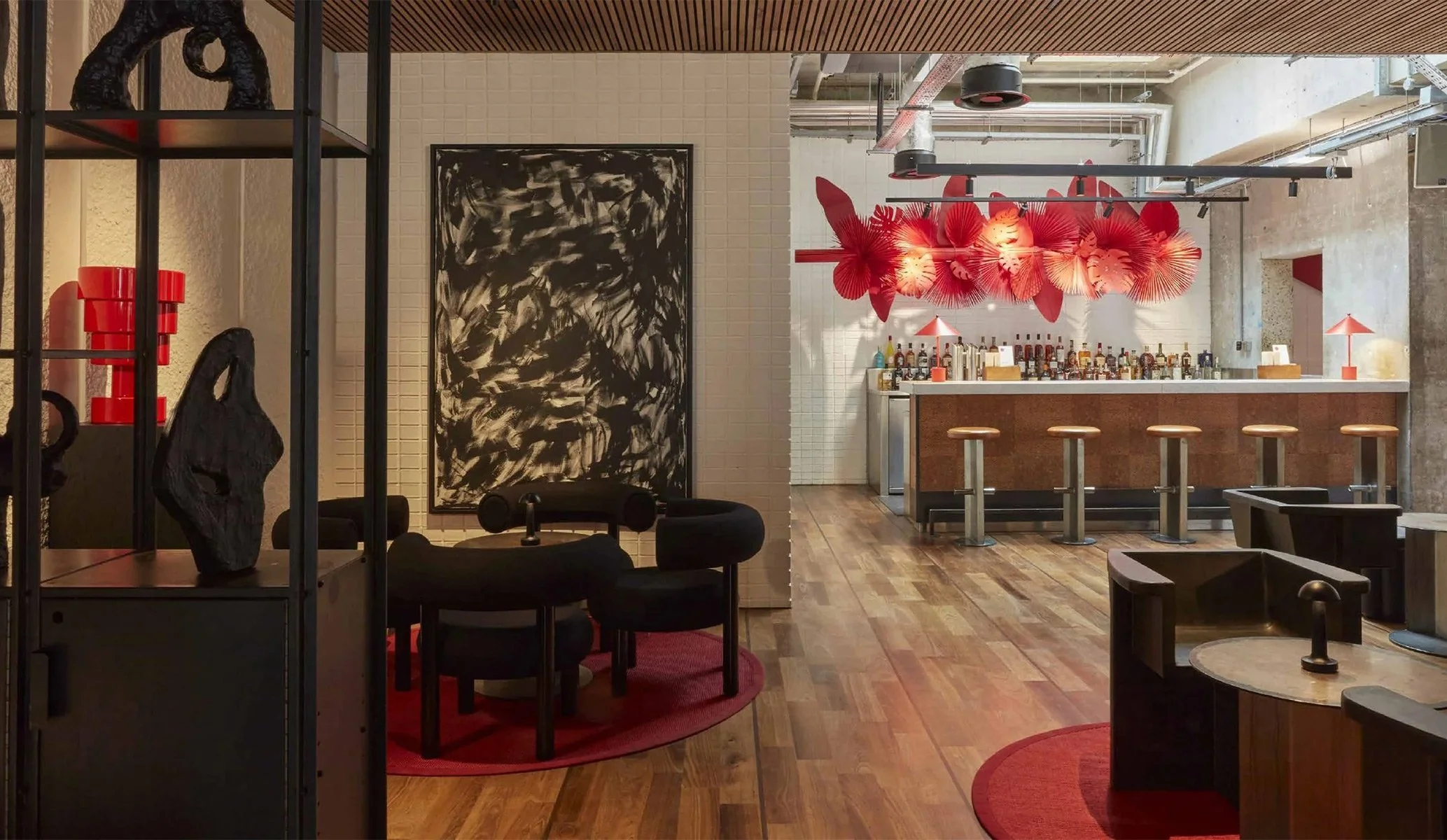 interior design of the lobby bar at One Hundred Shoreditch hotel in London