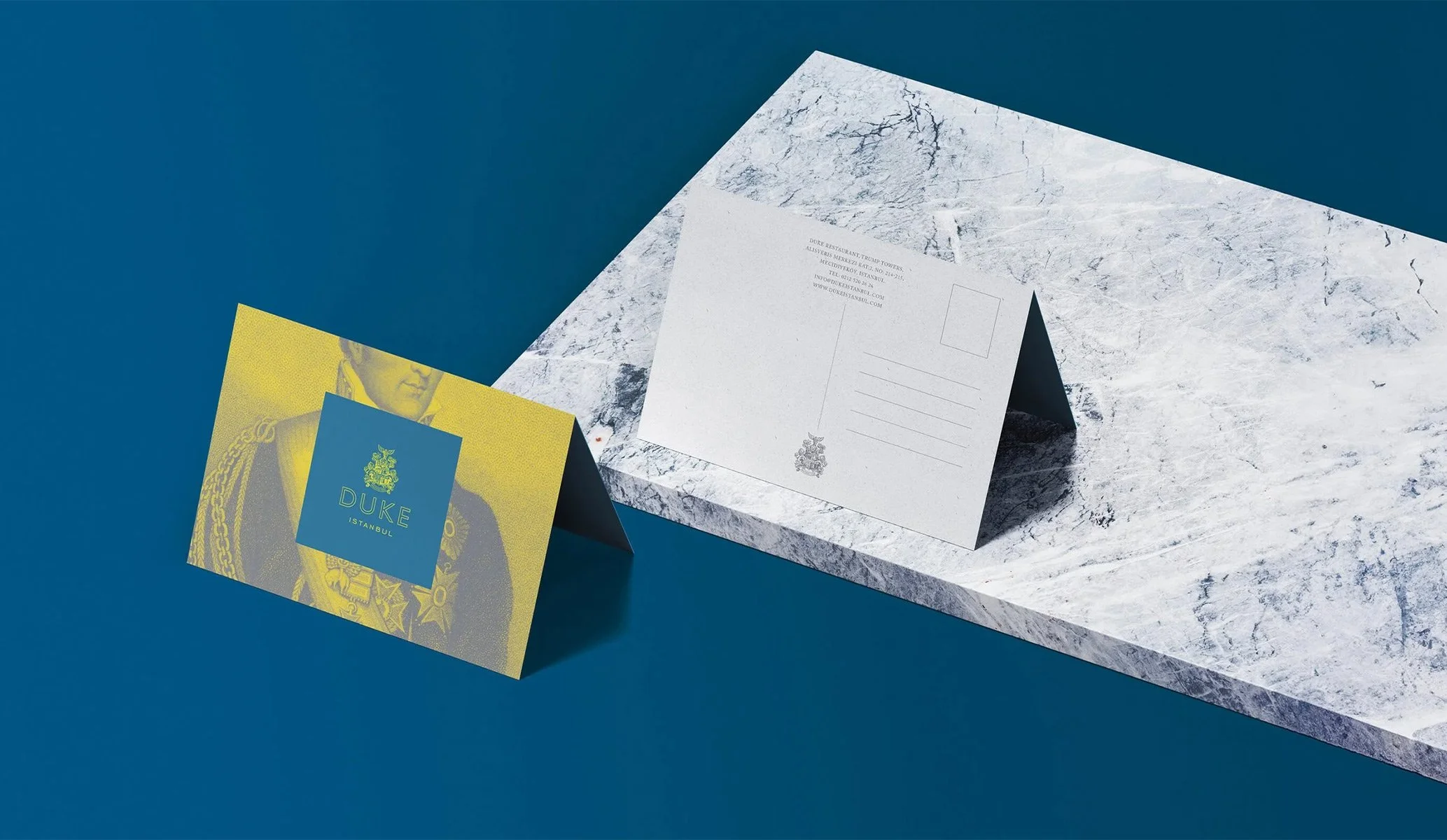 Postcard on marble slab for Duke restaurant in Istanbul, created as part of the brand identity by Colt