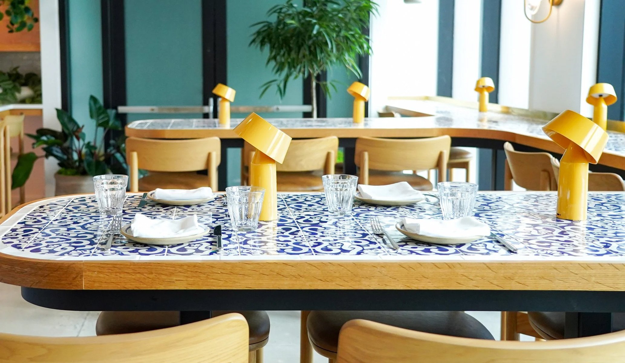 Interior design featuring table lamps in the brand colour of yellow