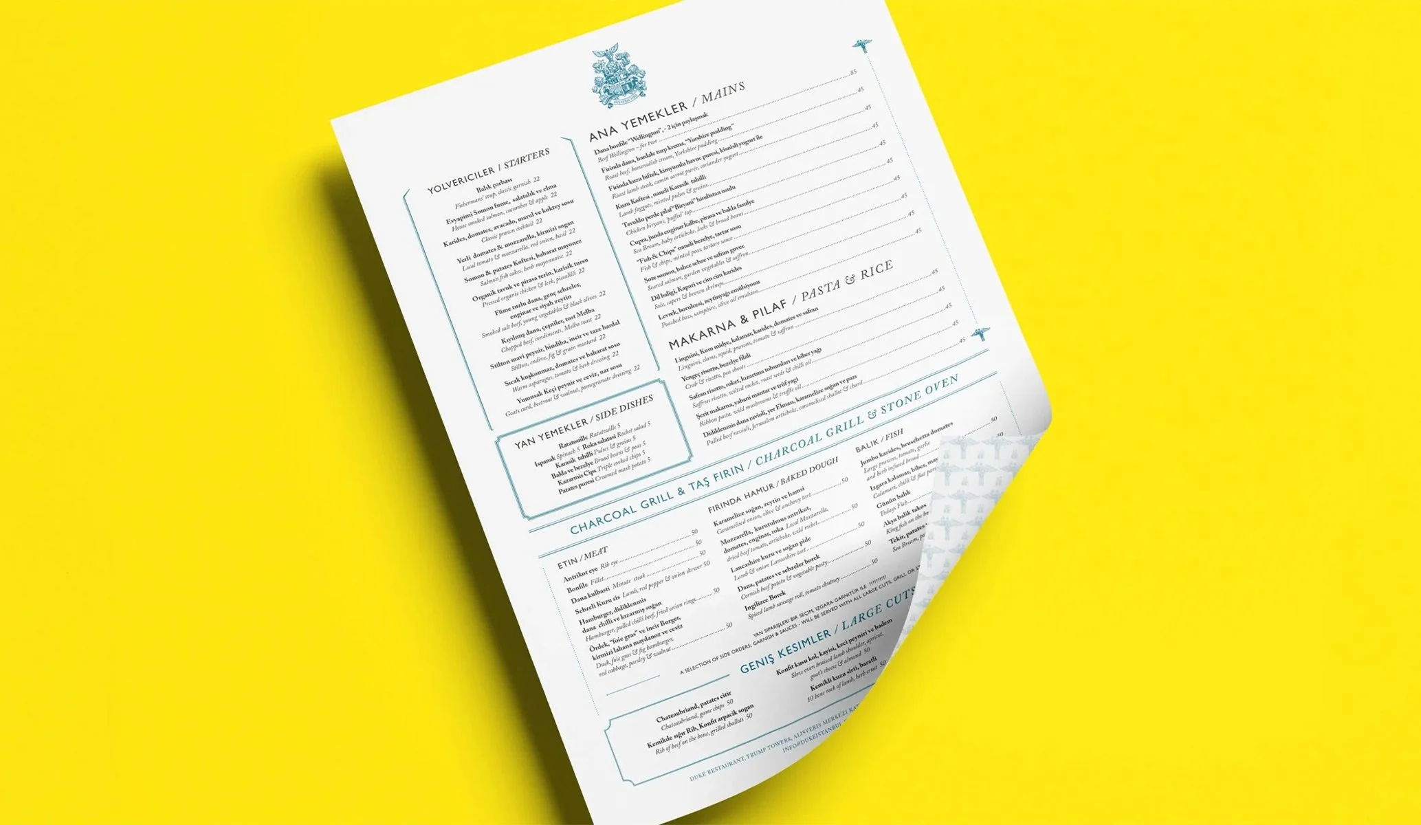 Single page menu typesetting or Duke restaurant in Istanbul, created as part of the brand identity by Colt