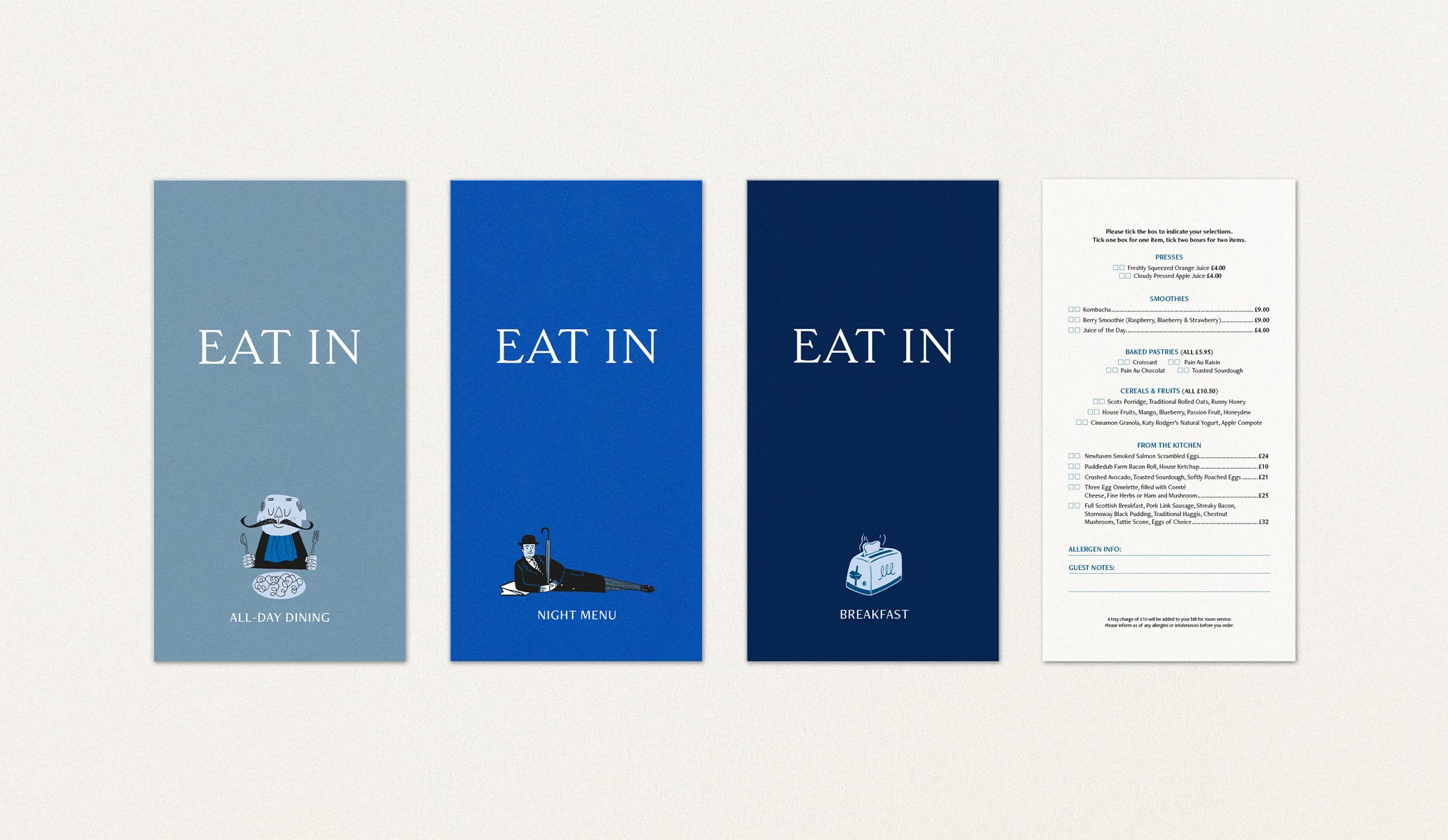 in-room food menus for Seaton House hotel created as part of the brand identity by Colt
