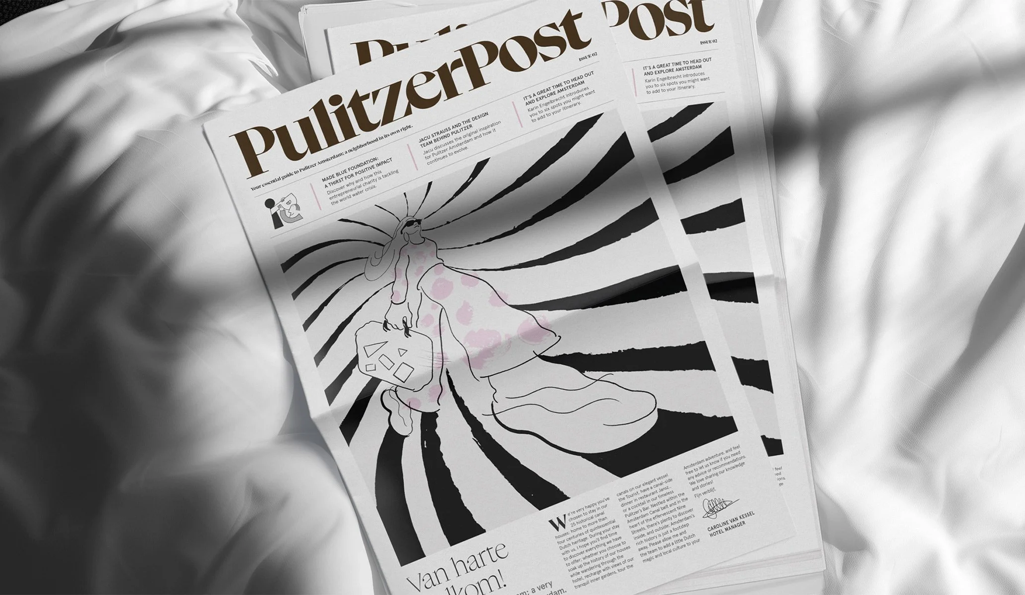 In-room directory newspaper for Pulitzer Hotel in Amsterdam, created as part of the brand identity project by Colt, hotel branding specialists